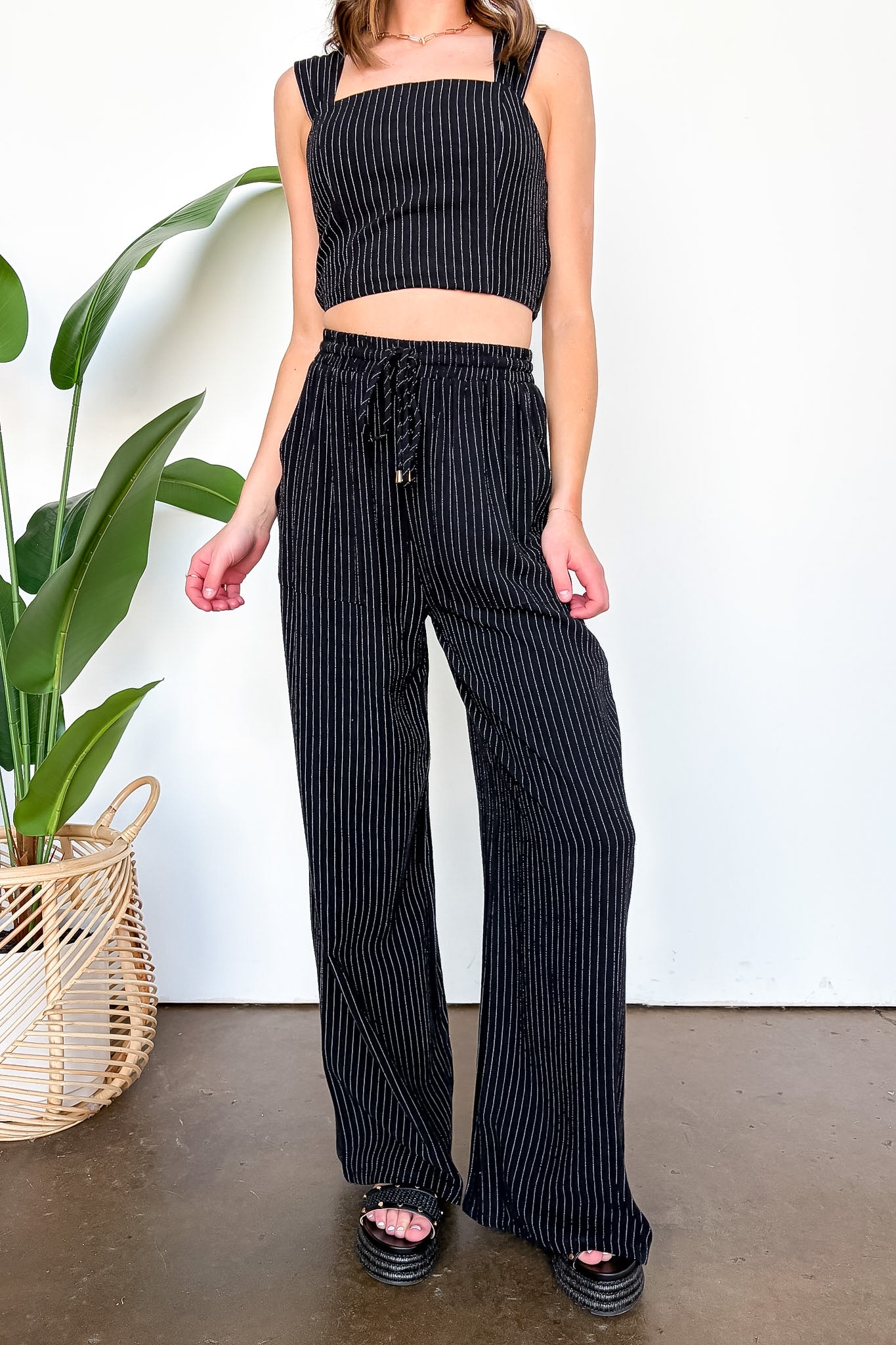 S / Black Portofino Striped Linen Smock Waist Pants - Madison and Mallory