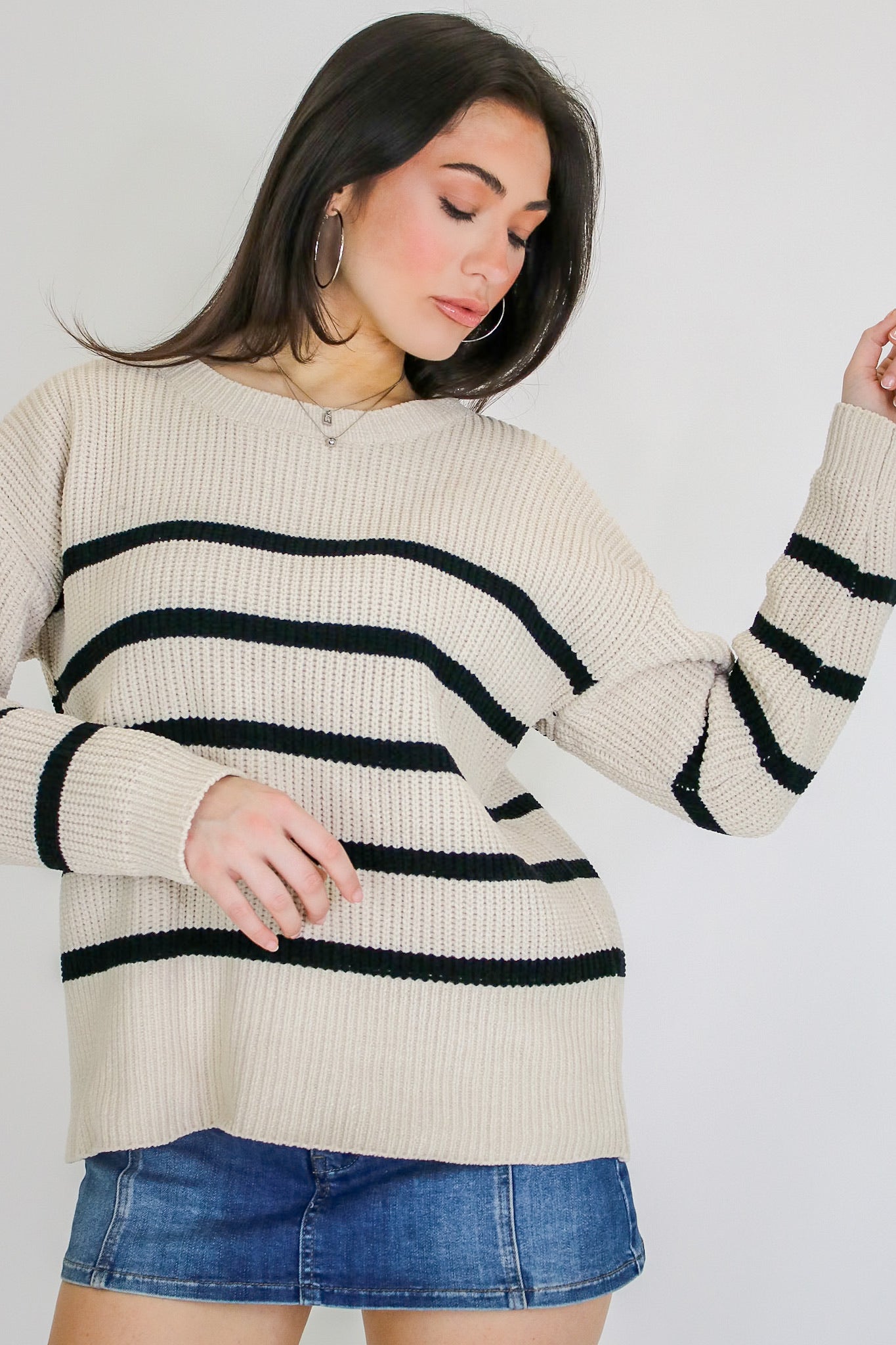 S / Oatmeal/Black Prep Line Relaxed Fit Ribbed Knit Striped Sweater - Madison and Mallory