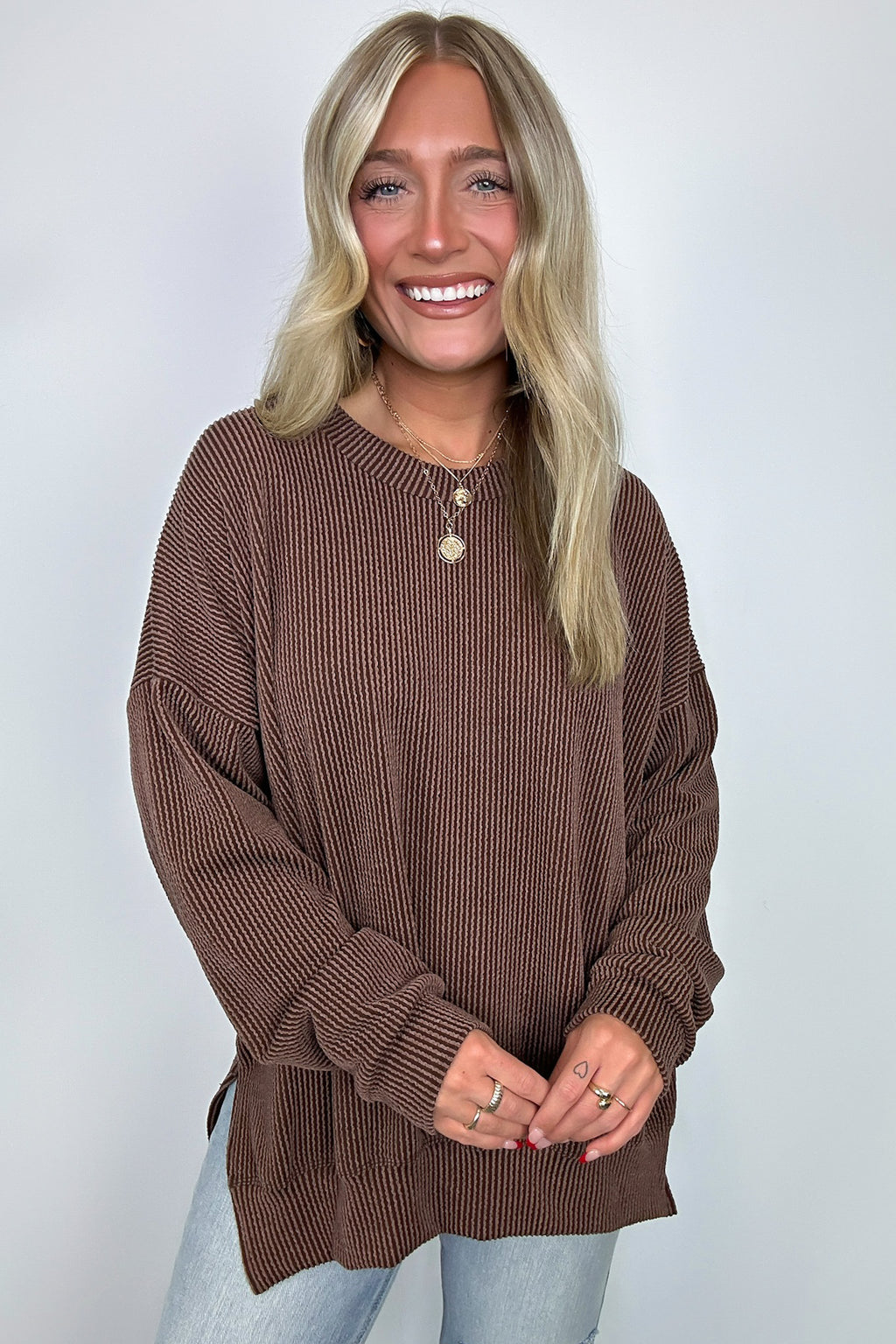 Brown / SM Pressley Rib Knit Side Slit Pullover - Madison and Mallory