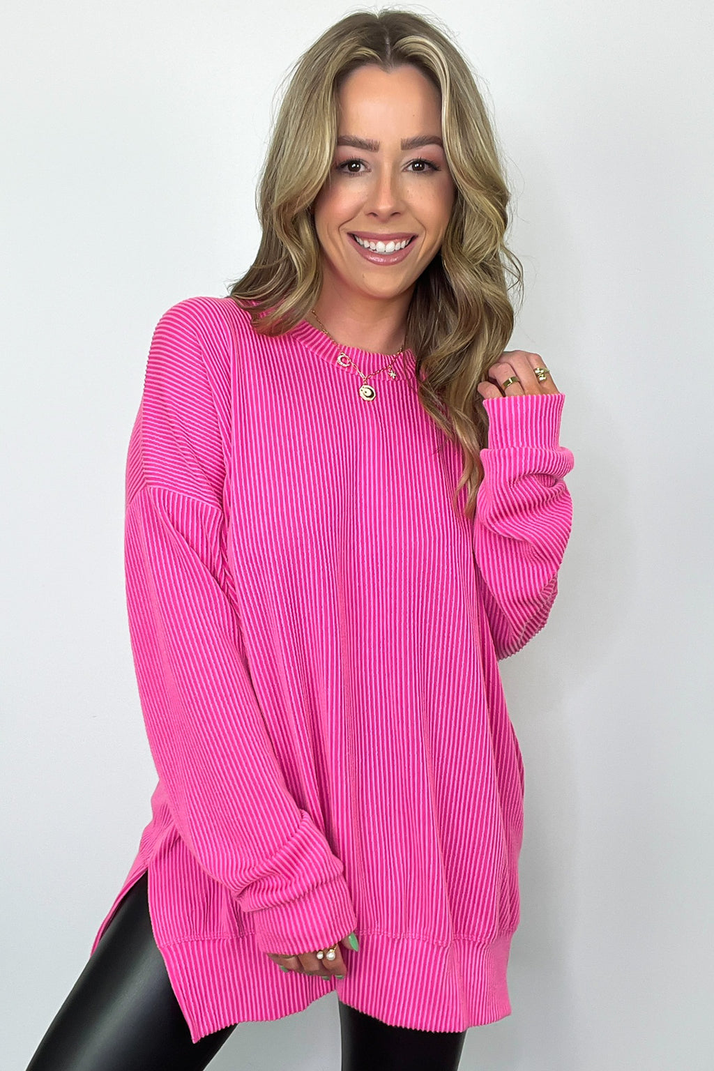 Fuchsia / SM Pressley Rib Knit Side Slit Pullover - BACK IN STOCK - Madison and Mallory
