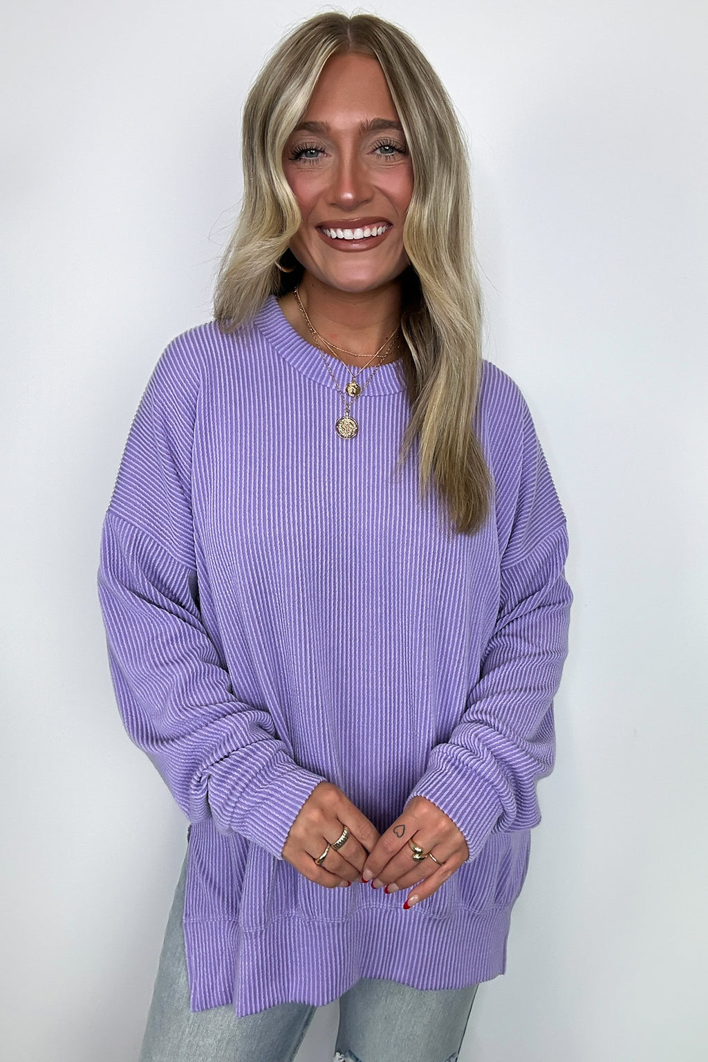Lavender / SM Pressley Rib Knit Side Slit Pullover - Madison and Mallory