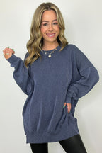 Navy / SM Pressley Rib Knit Side Slit Pullover - Madison and Mallory