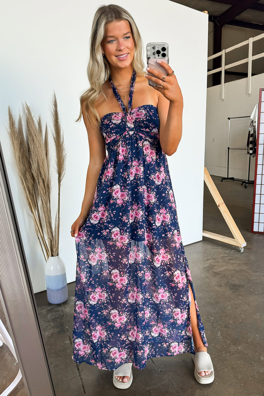 S / Navy Pretty Demeanor Floral Halter Maxi Dress -BACK IN STOCK - Madison and Mallory