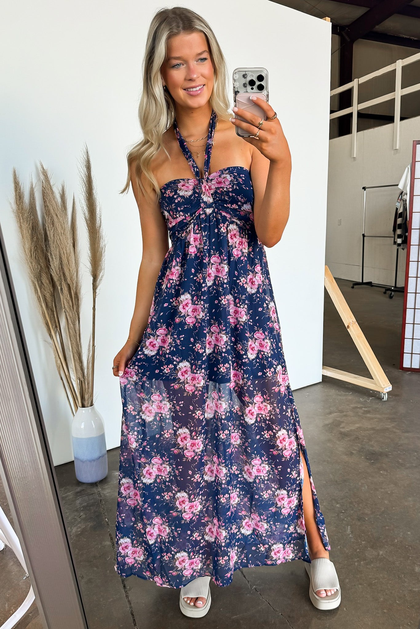 S / Navy Pretty Demeanor Floral Halter Maxi Dress - FINAL SALE - Madison and Mallory