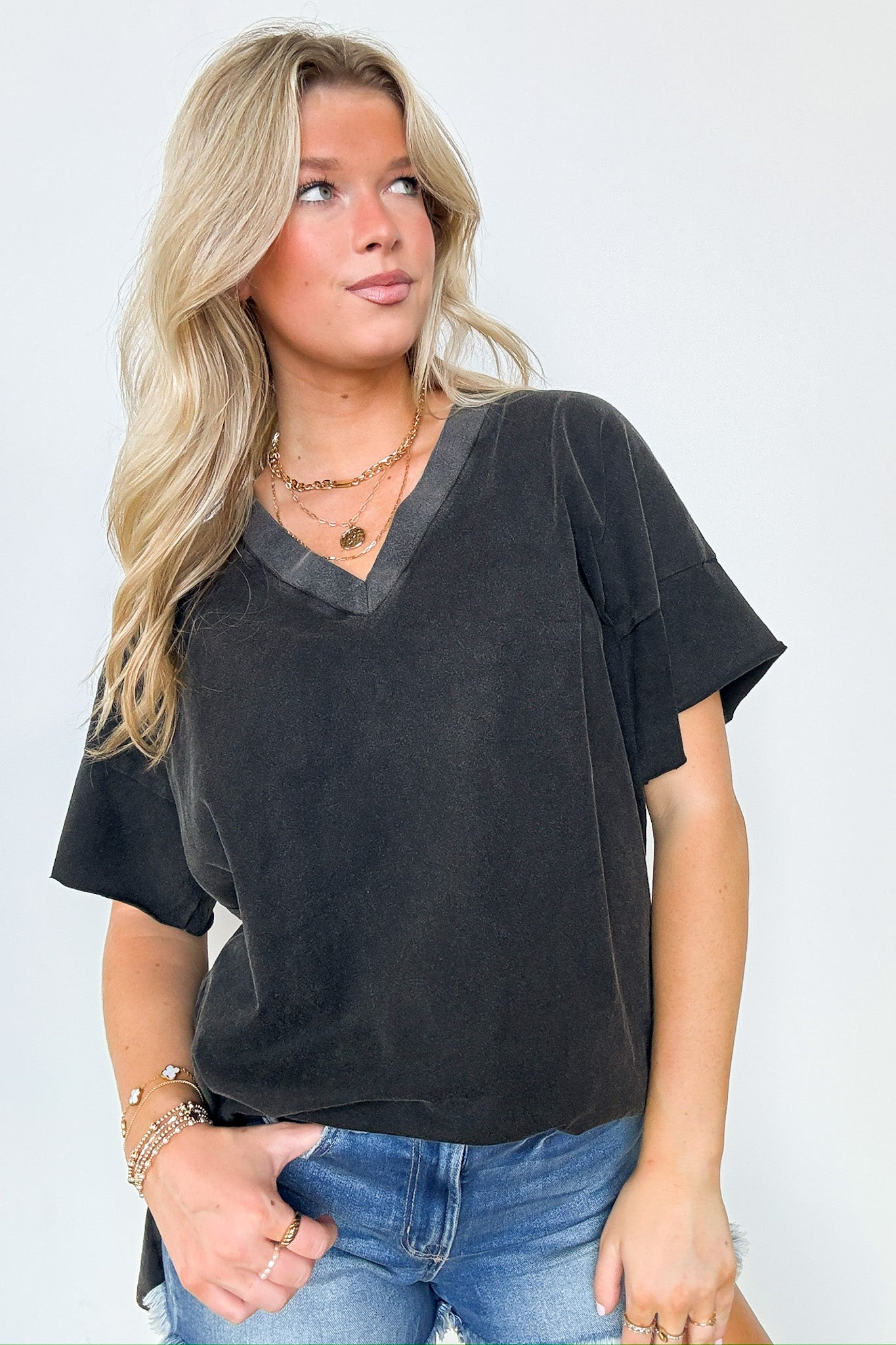 Black / S Pretty Potential V-Neck Oversized Top - BACK IN STOCK - Madison and Mallory