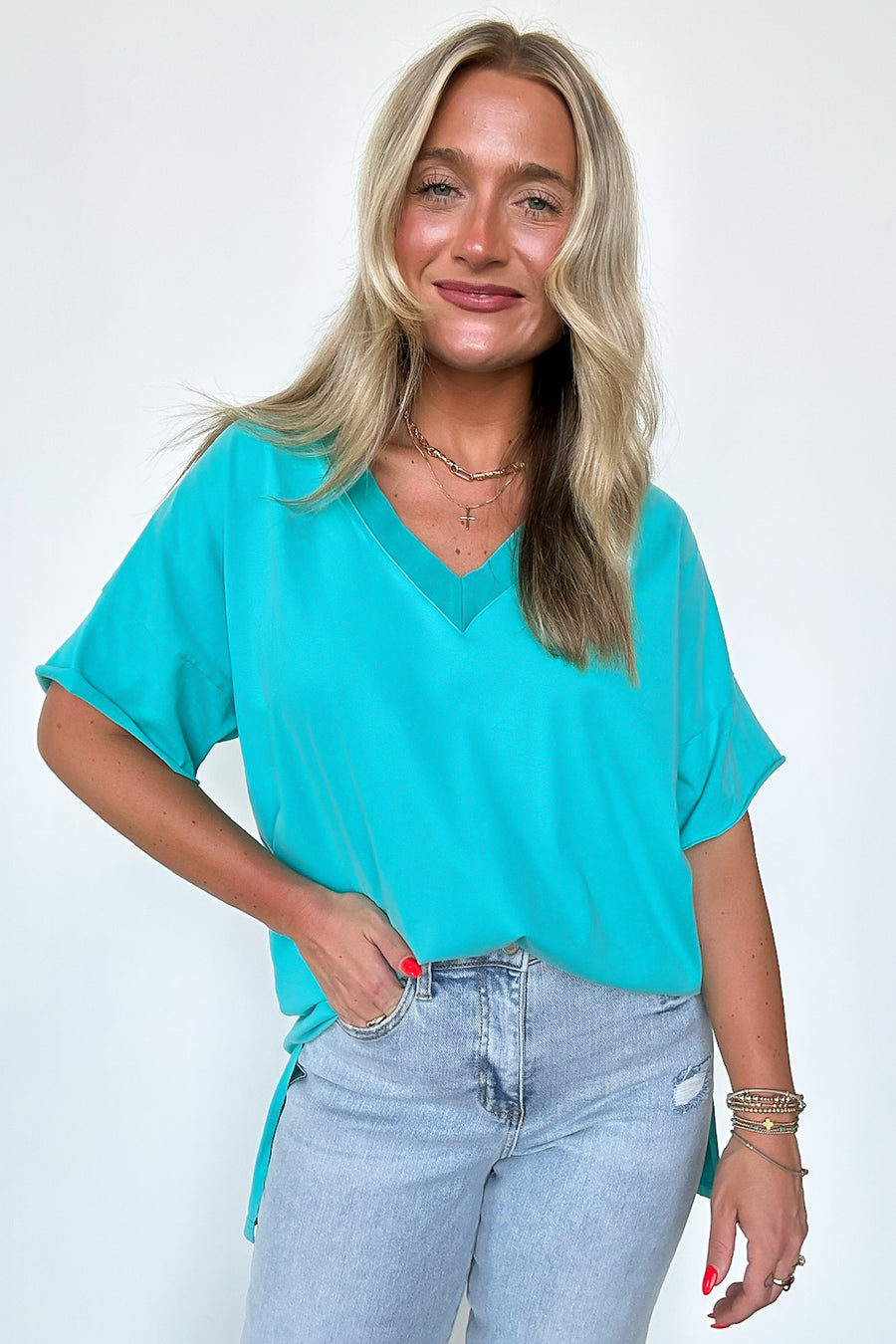 Aqua / S Pretty Potential V-Neck Oversized Top - BACK IN STOCK - Madison and Mallory