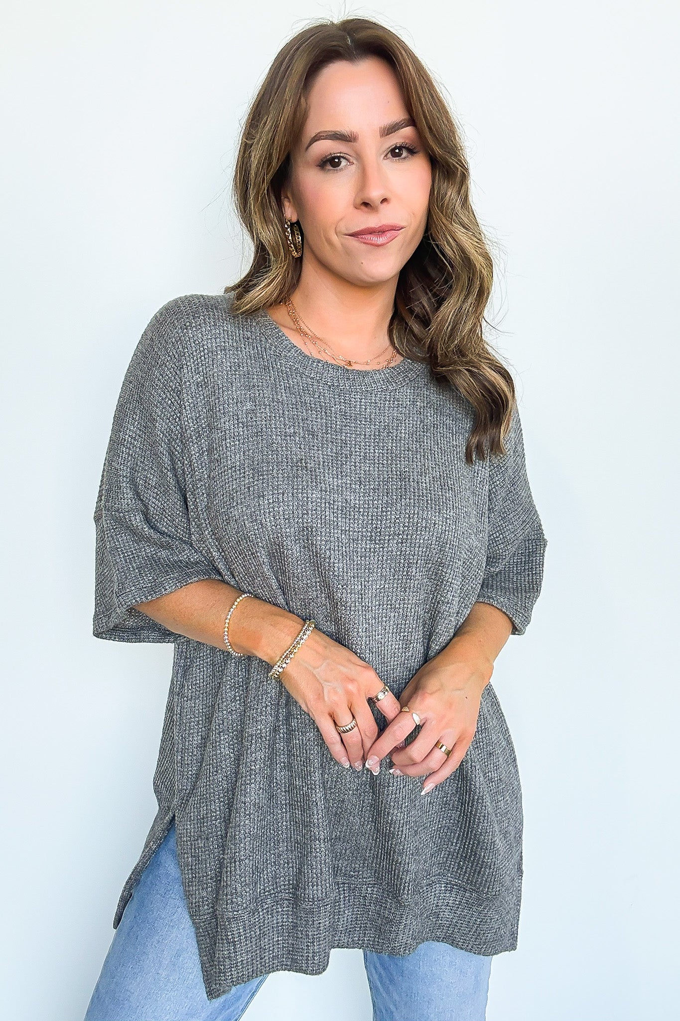 Charcoal / SM Priscilla Waffle Knit Oversized Top - BACK IN STOCK - Madison and Mallory