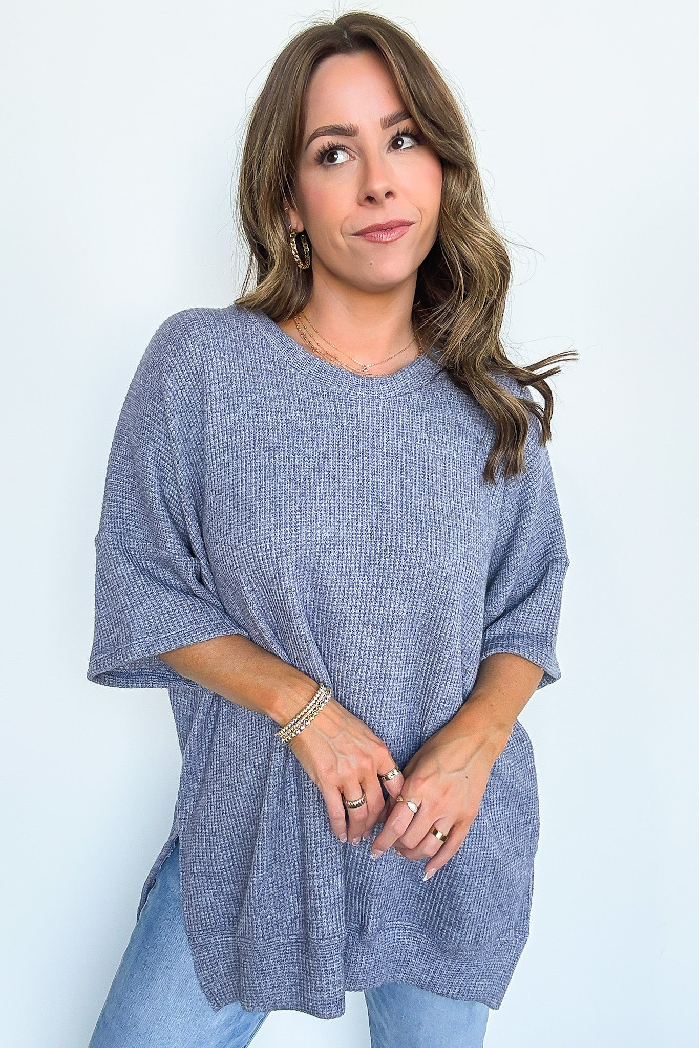 Denim Blue / SM Priscilla Waffle Knit Oversized Top - BACK IN STOCK - Madison and Mallory