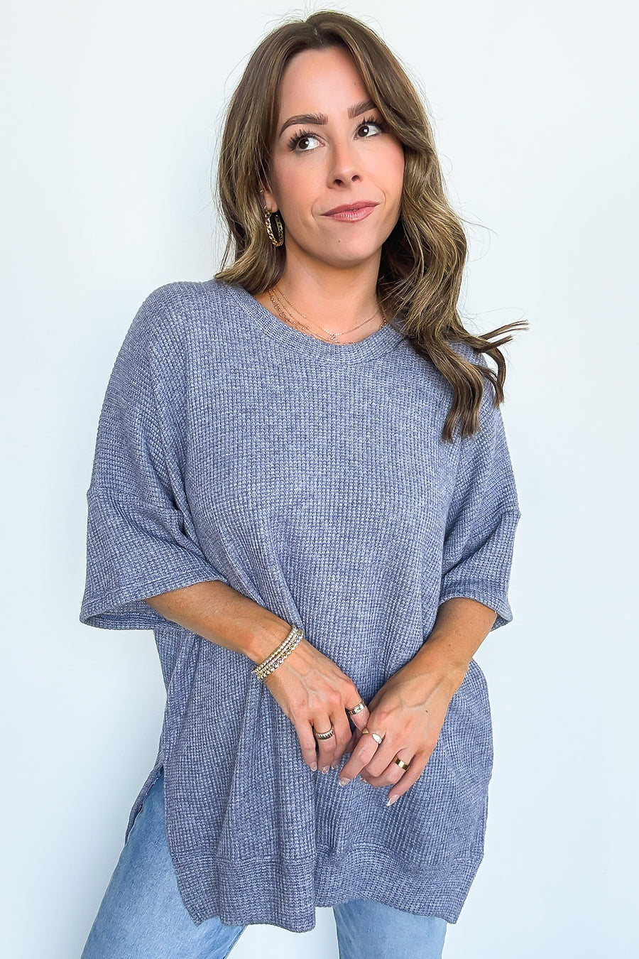Denim Blue / SM Priscilla Waffle Knit Oversized Top - Madison and Mallory