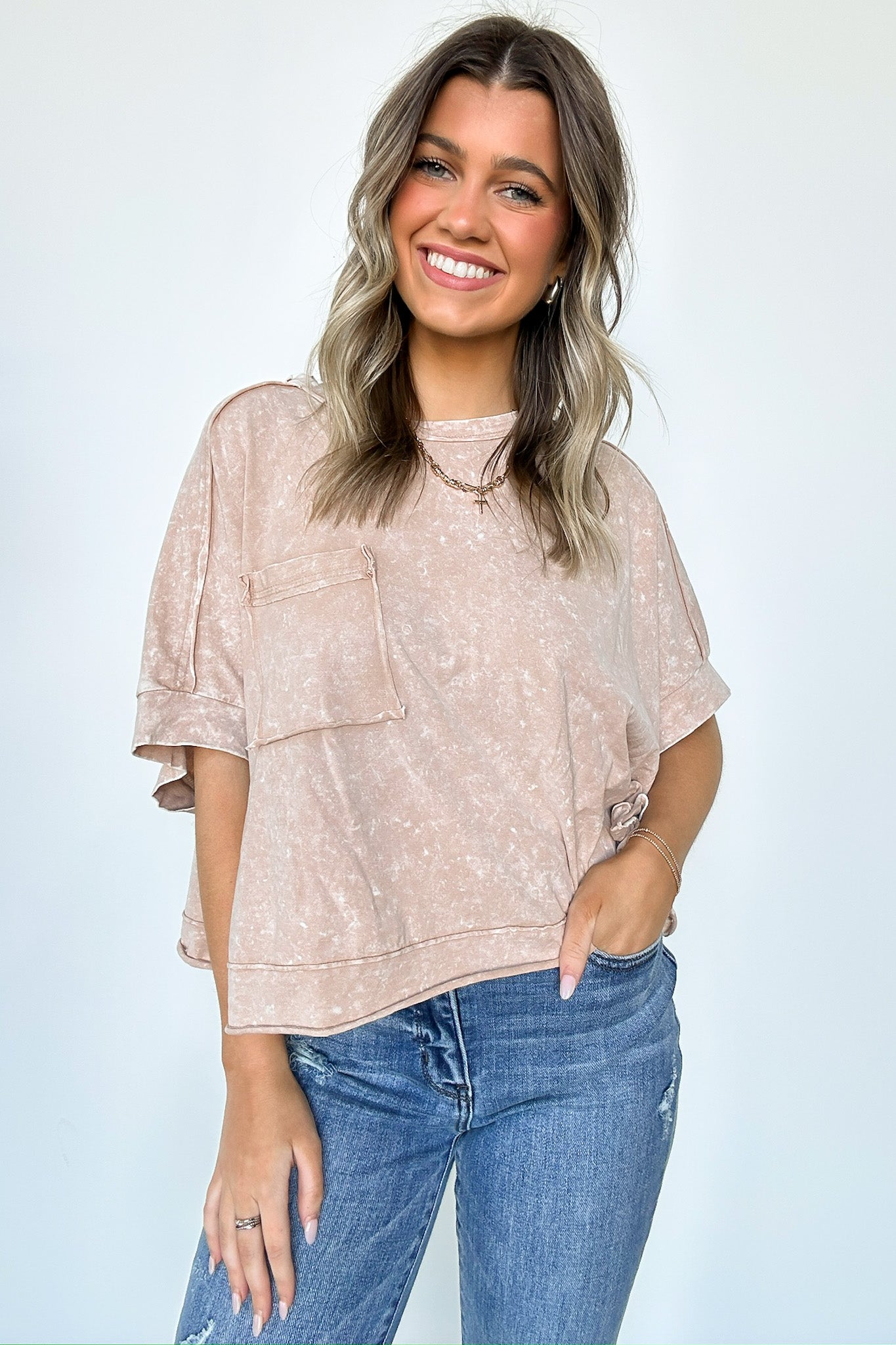 Taupe / S Priscillah Mineral Wash Oversized Pocket Tee - BACK IN STOCK - Madison and Mallory