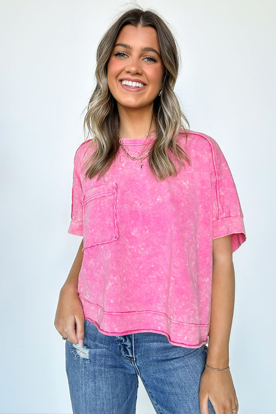Pink / S Priscillah Mineral Wash Oversized Cropped Pocket Tee - Madison and Mallory