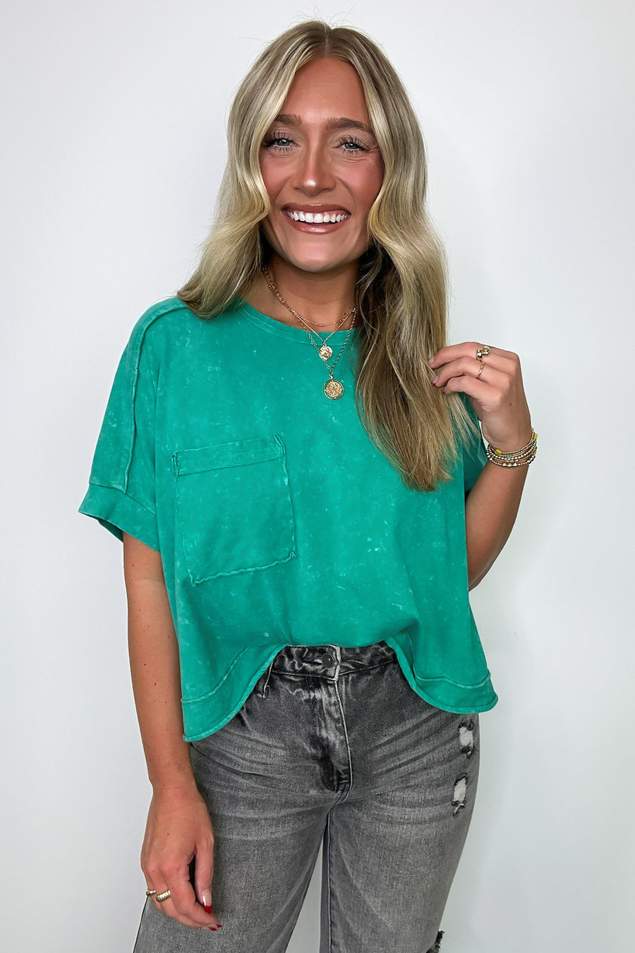 Green / S Priscillah Mineral Wash Oversized Pocket Tee - BACK IN STOCK - Madison and Mallory