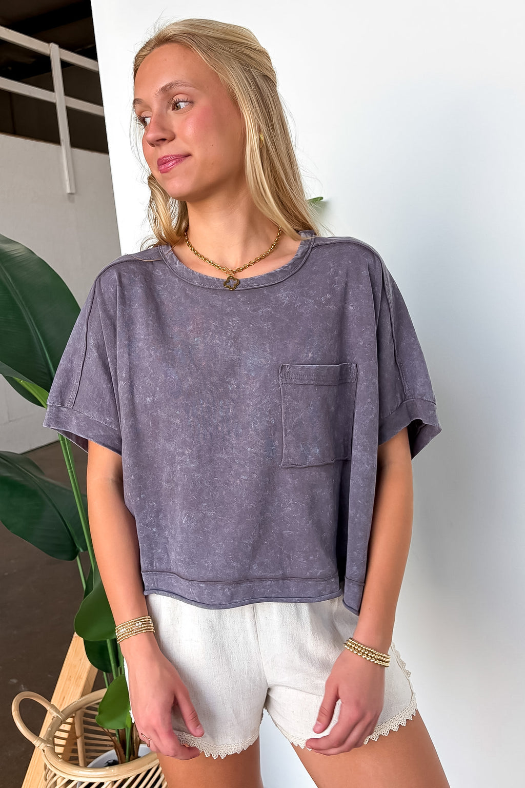 Black / S Priscillah Mineral Wash Oversized Pocket Tee - Madison and Mallory