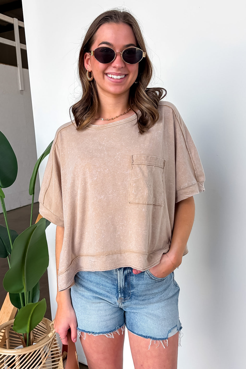 Taupe / S Priscillah Mineral Wash Oversized Pocket Tee - Madison and Mallory