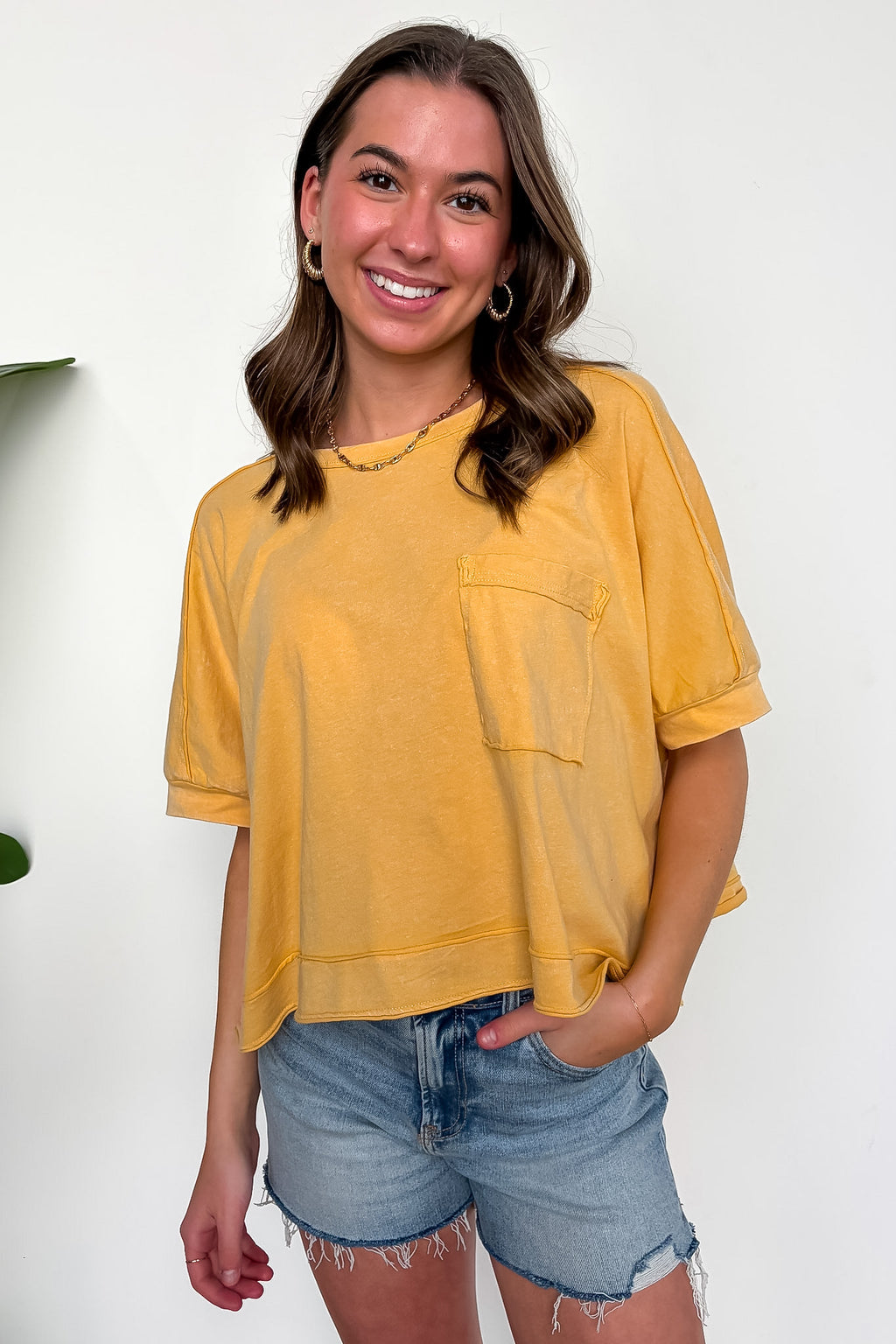 Yellow / S Priscillah Mineral Wash Oversized Pocket Tee - Madison and Mallory