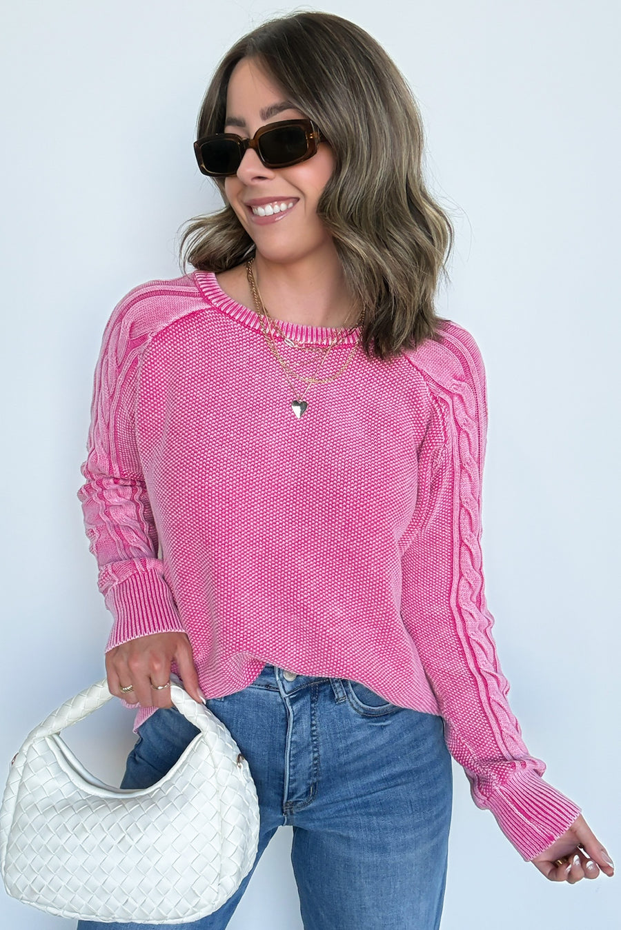 Fuchsia / S Prominent Charm Cable Knit Sleeve Sweater - Madison and Mallory