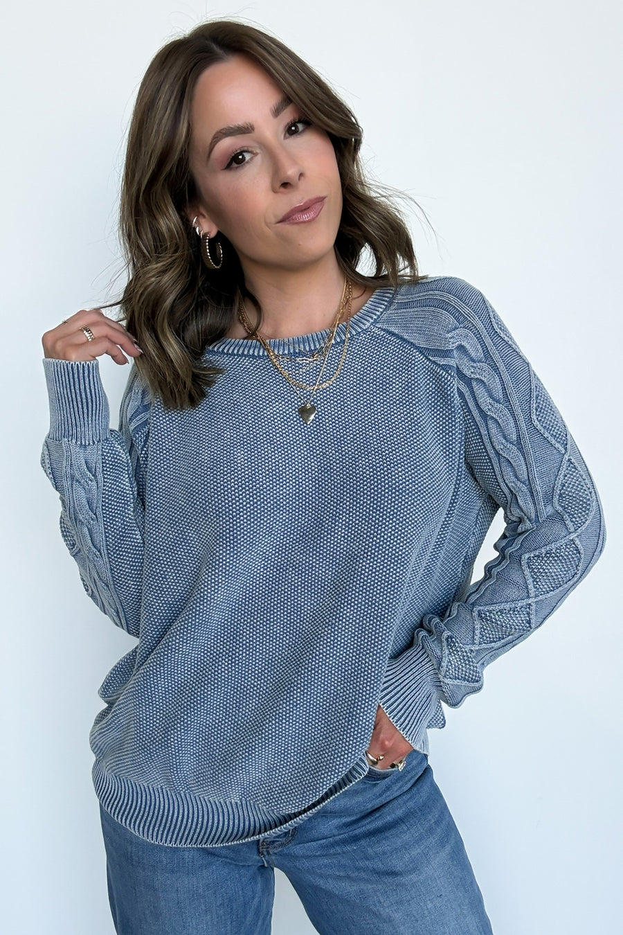 Dusty Blue / S Prominent Charm Cable Knit Sleeve Sweater - Madison and Mallory