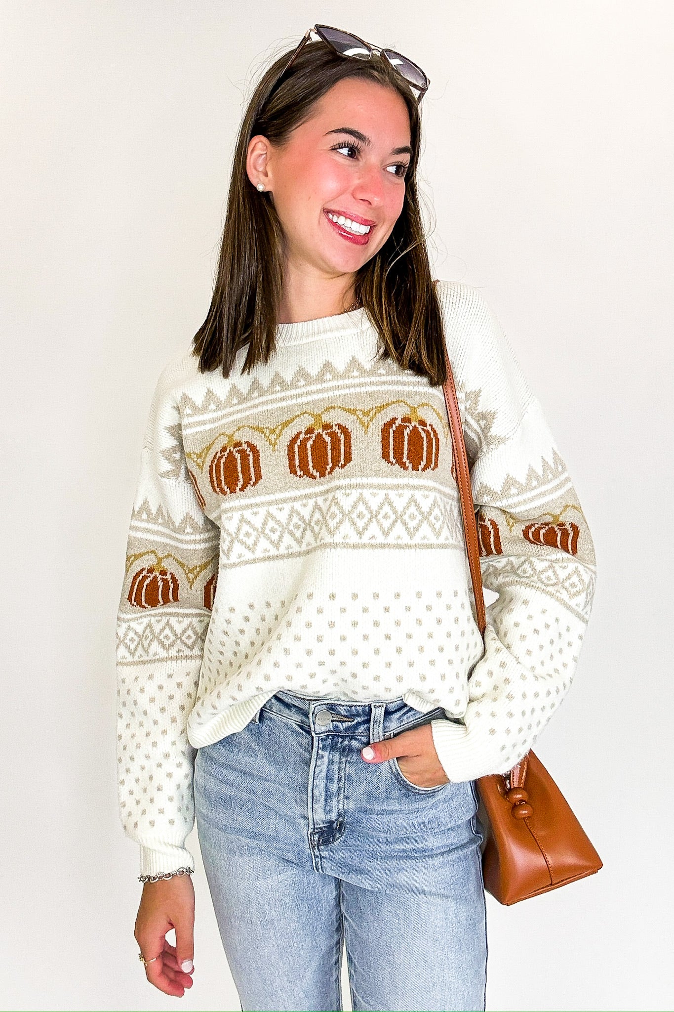 S / Off White Combo Pumpkin Parade Jacquard Knit Sweater - Madison and Mallory