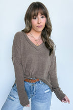 Mocha / S Pure Chill Ribbed V-Neck Top - FINAL SALE - Madison and Mallory