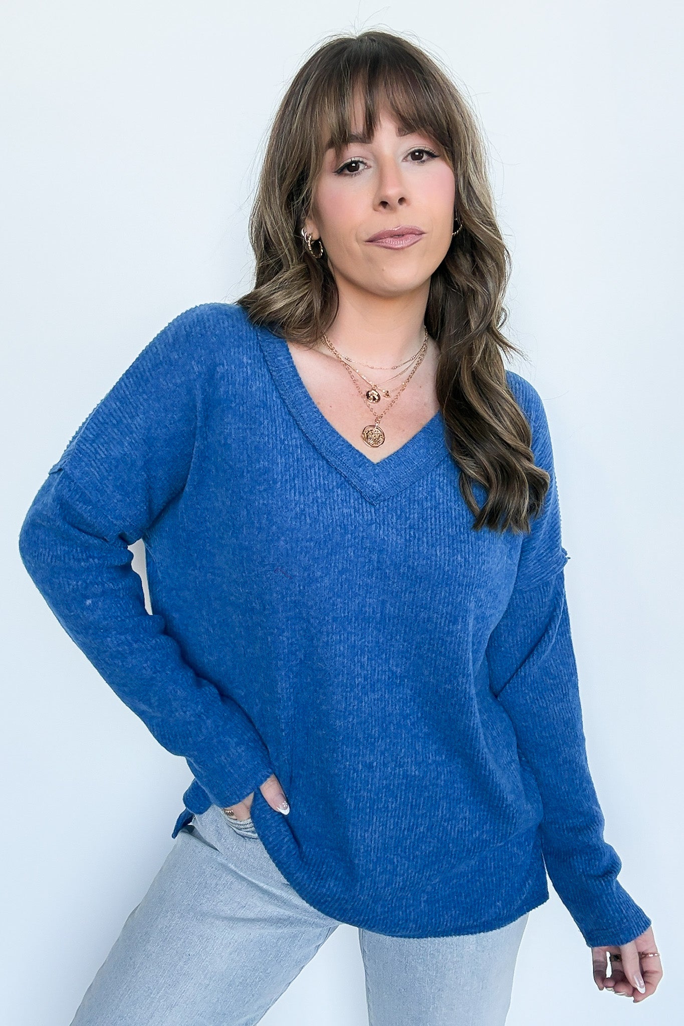 Light Navy / S Pure Chill Ribbed V-Neck Top - Madison and Mallory