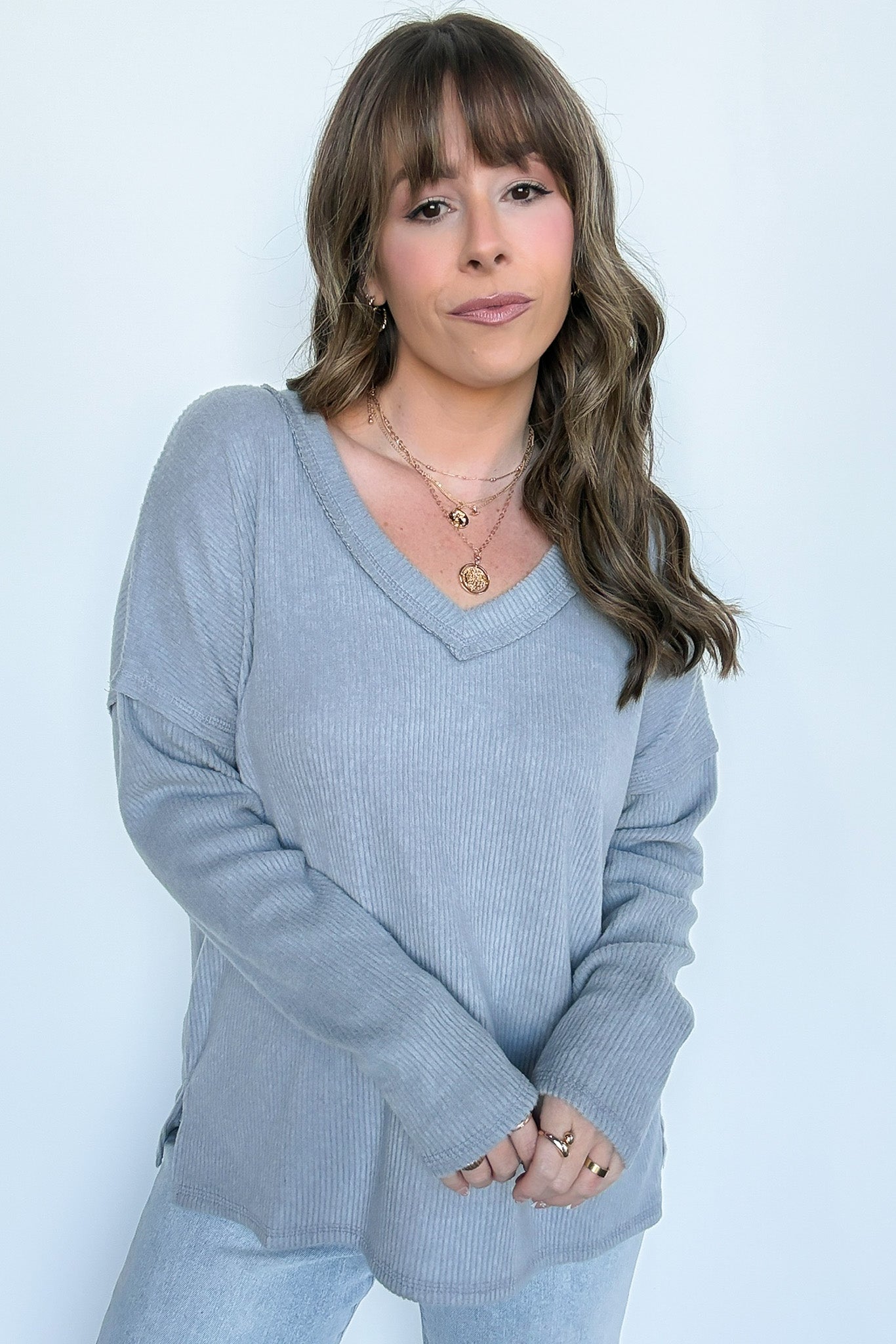 Sleet / S Pure Chill Ribbed V-Neck Top - Madison and Mallory