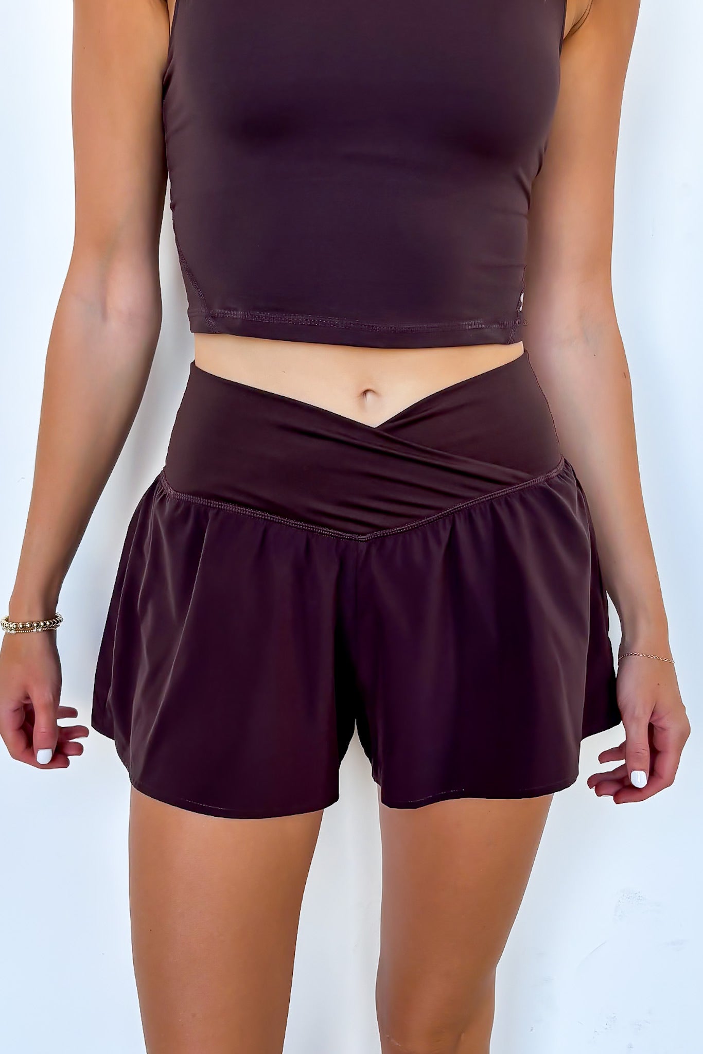 Puremotion Flared Shorts and V-Neck Yoga Top - Madison and Mallory