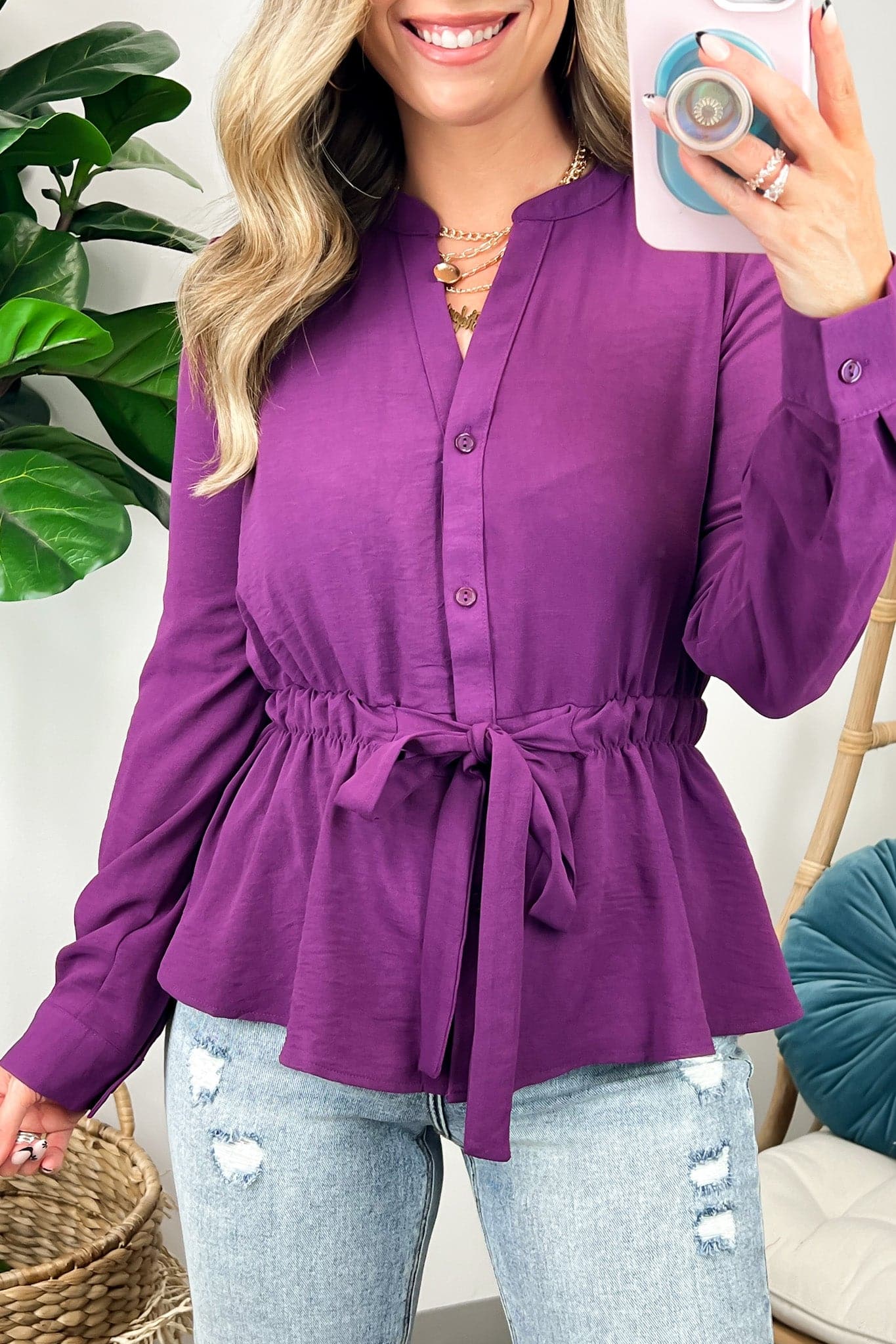  Raiah Long Sleeve Tie Waist Button Down Top - BACK IN STOCK - Madison and Mallory