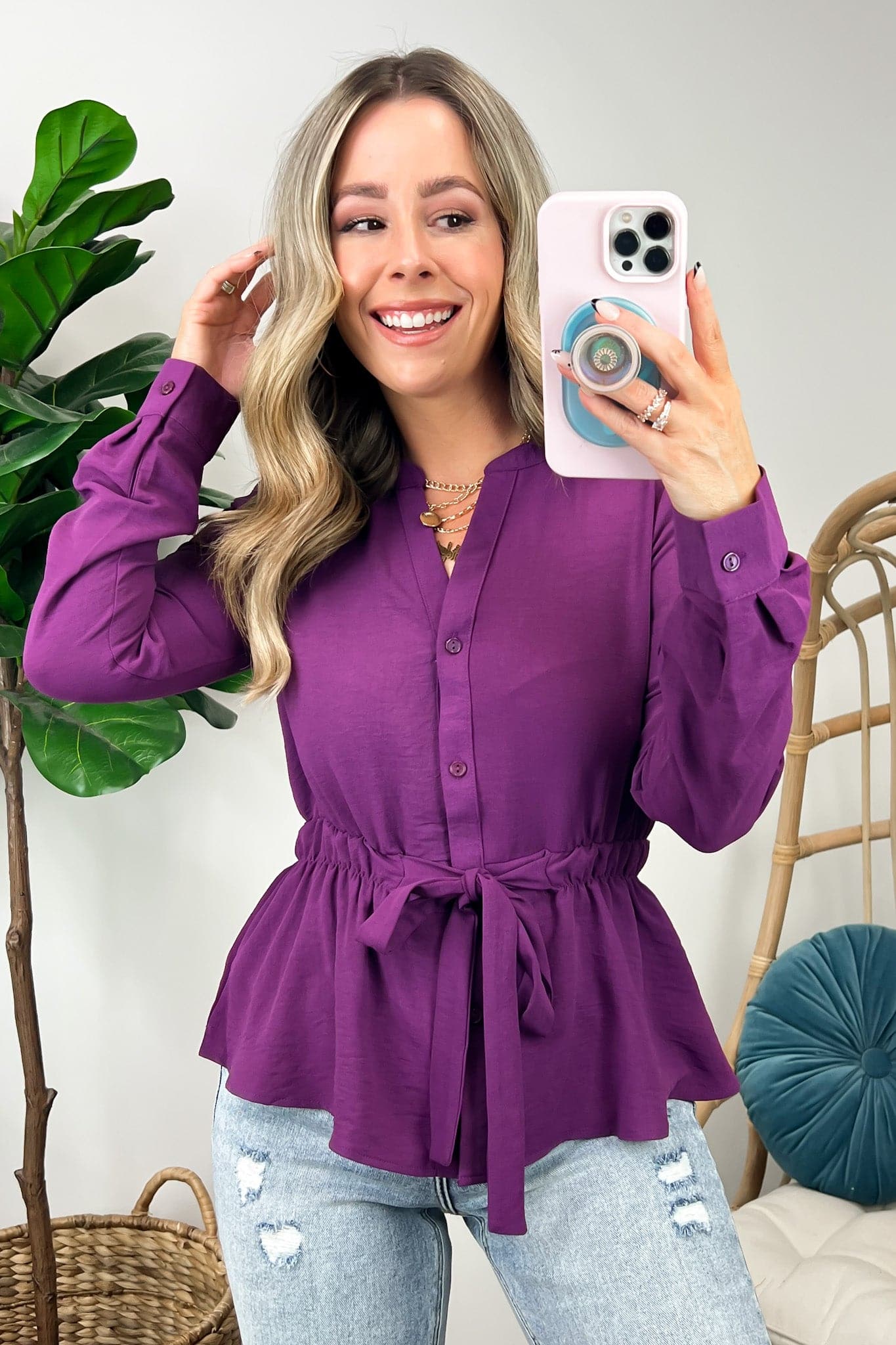 Purple / S Raiah Long Sleeve Tie Waist Button Down Top - FINAL SALE - Madison and Mallory