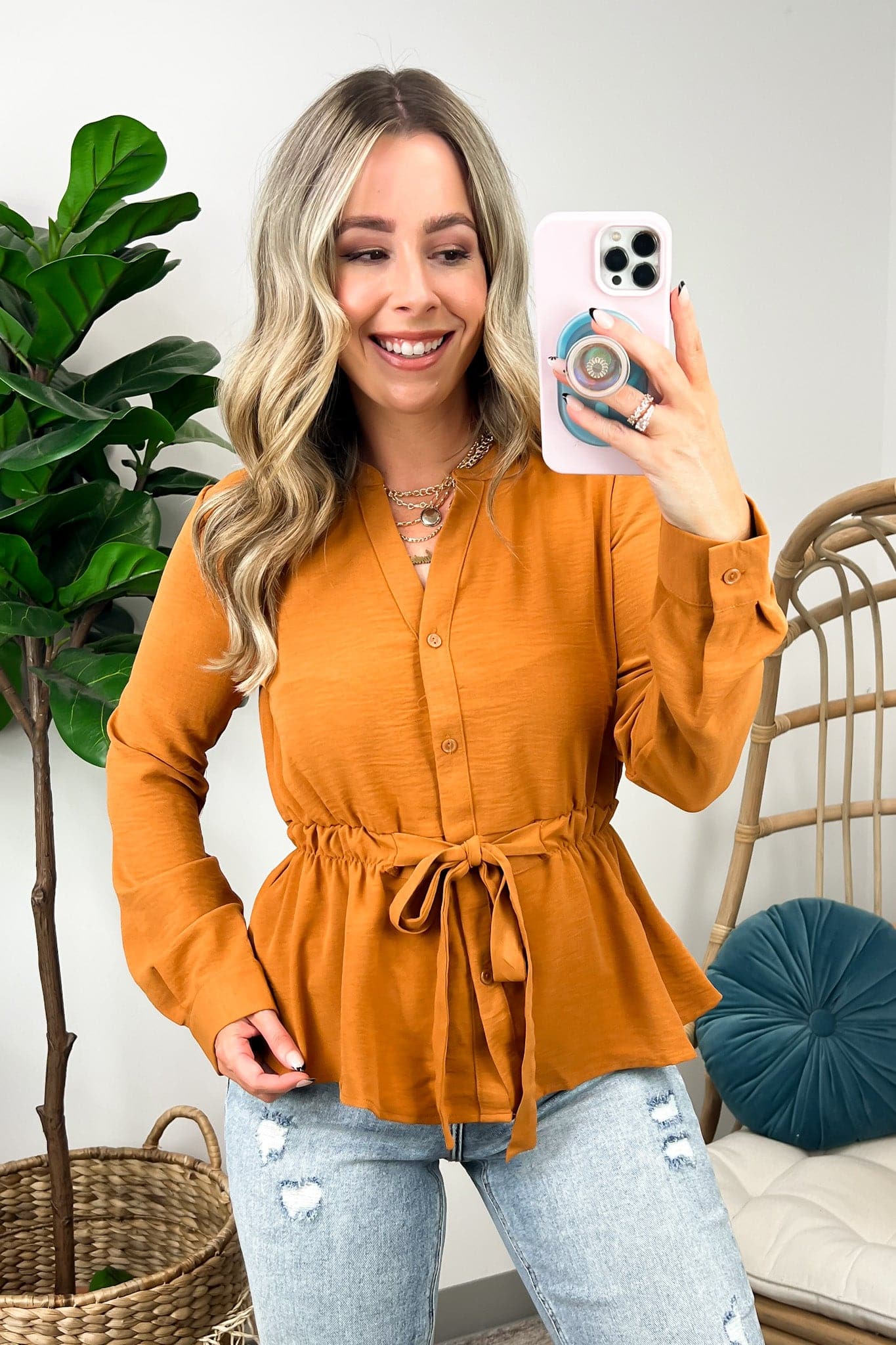  Raiah Long Sleeve Tie Waist Button Down Top - FINAL SALE - Madison and Mallory