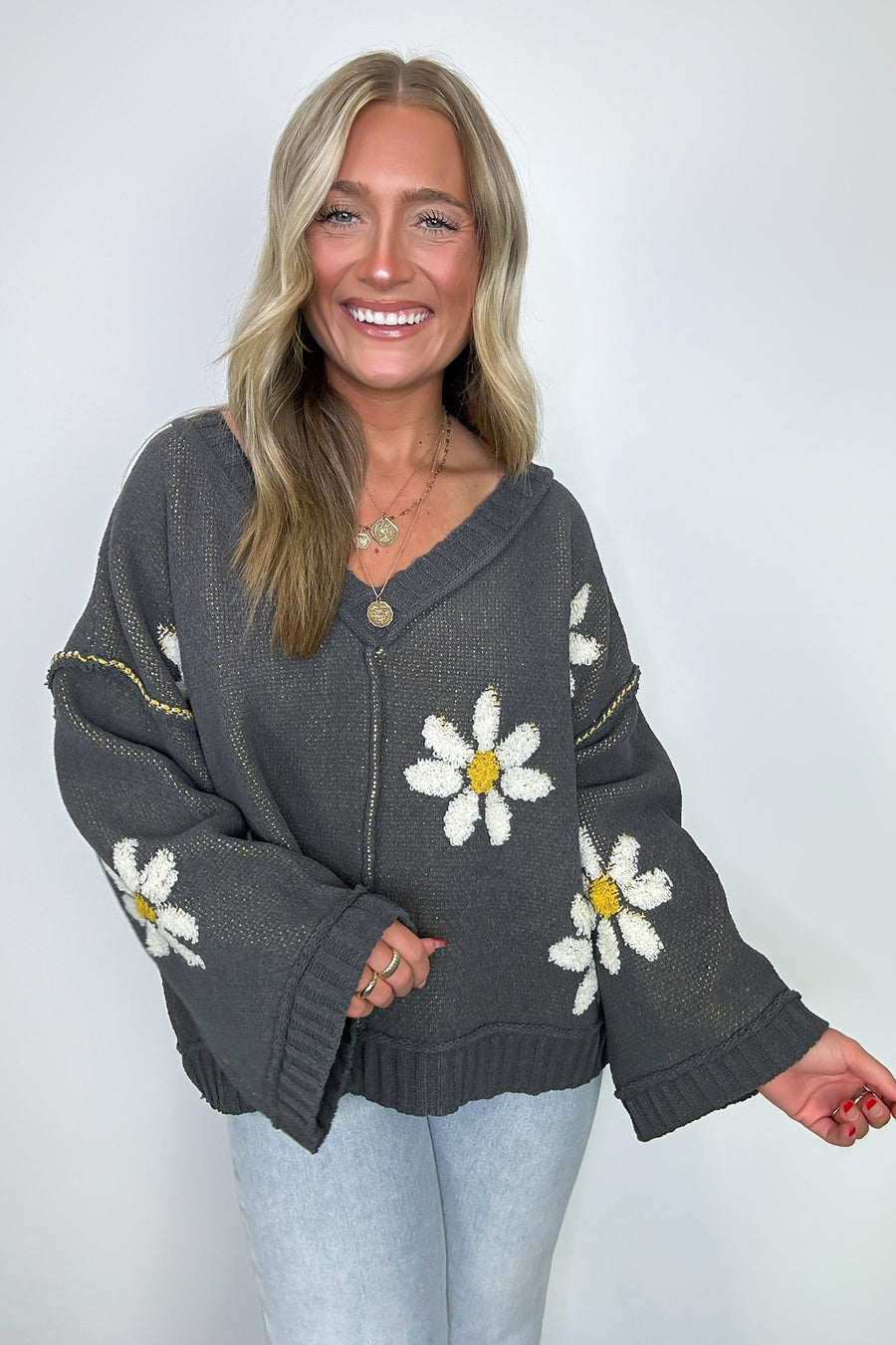  Ray of Charm V-Neck Floral Knit Sweater - Madison and Mallory