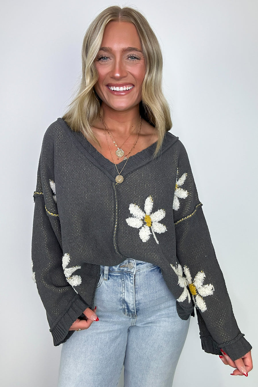 Charcoal / S Ray of Charm V-Neck Floral Knit Sweater - Madison and Mallory