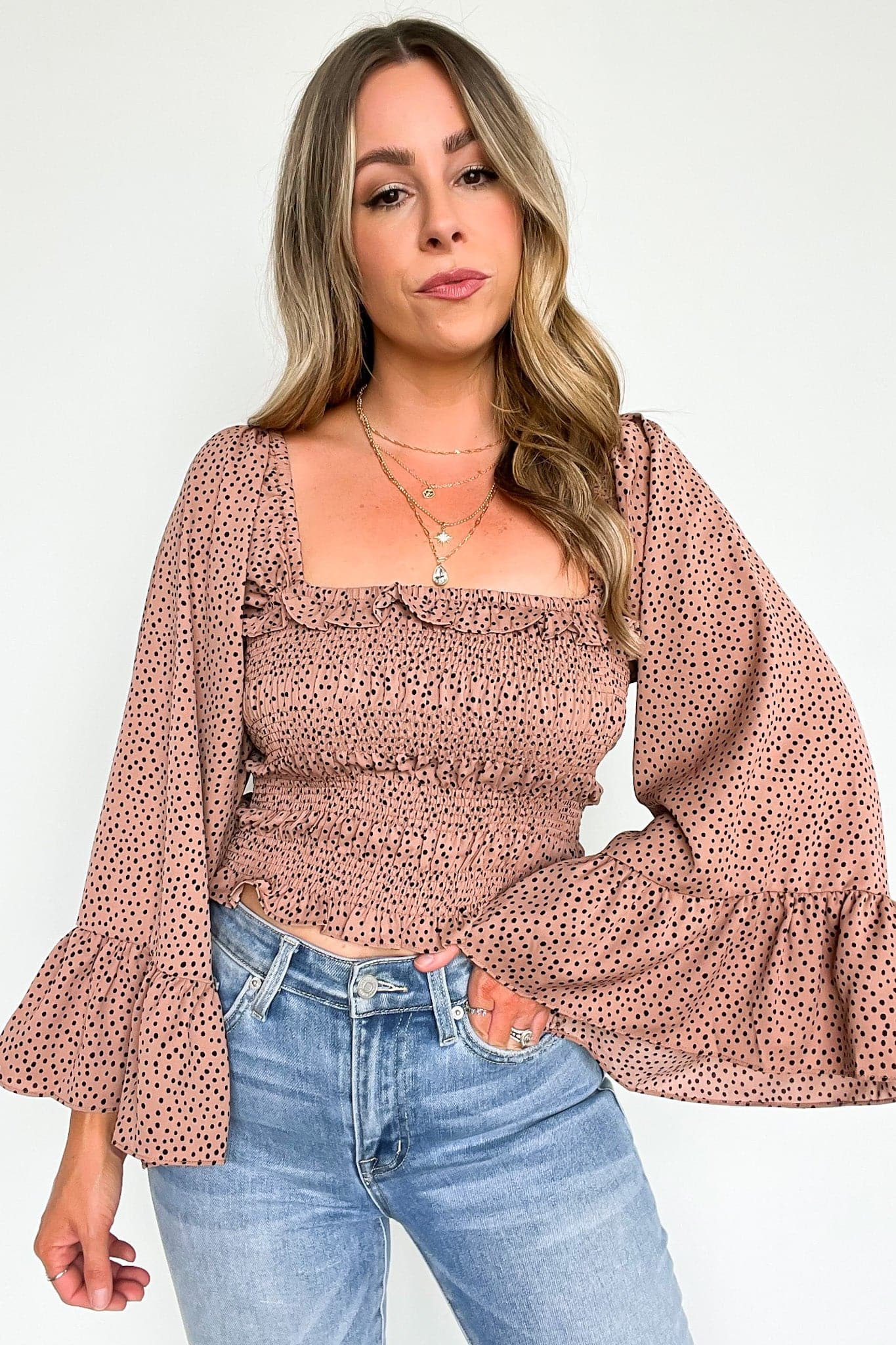  Refined Eloquence Dot Print Smocked Top - FINAL SALE - Madison and Mallory