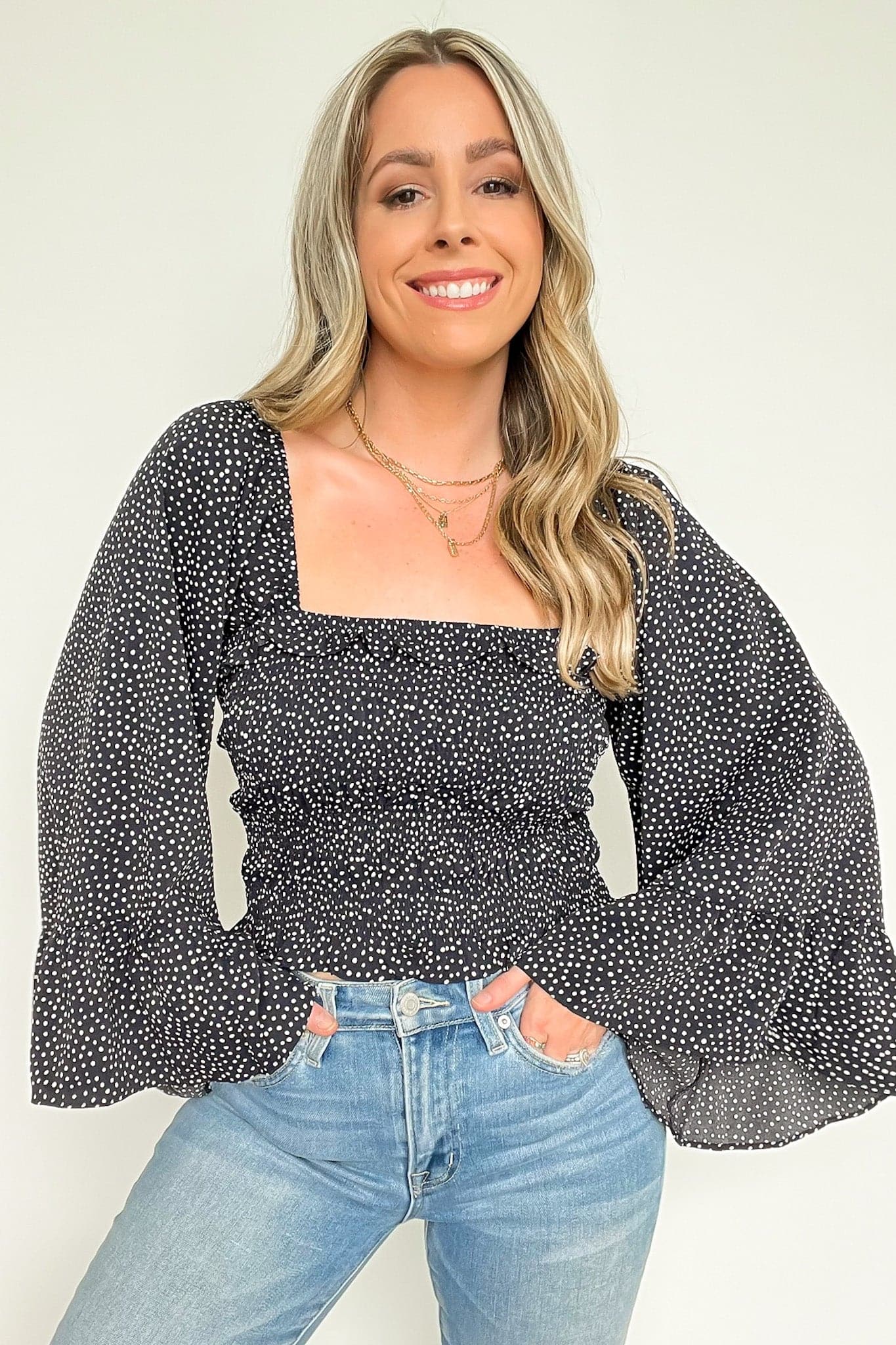 Black / S Refined Eloquence Dot Print Smocked Top - FINAL SALE - Madison and Mallory