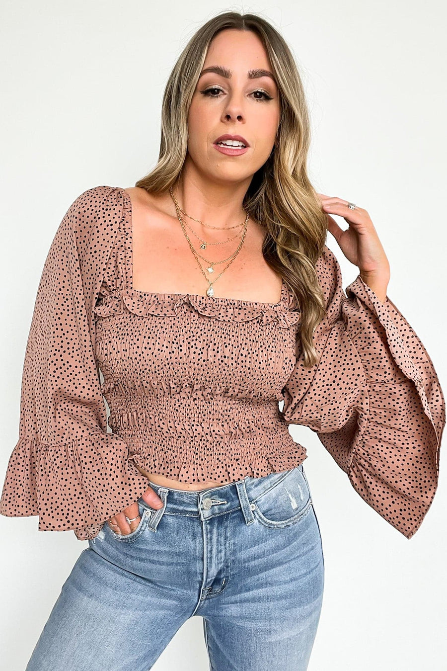 Taupe / S Refined Eloquence Dot Print Smocked Top - FINAL SALE - Madison and Mallory