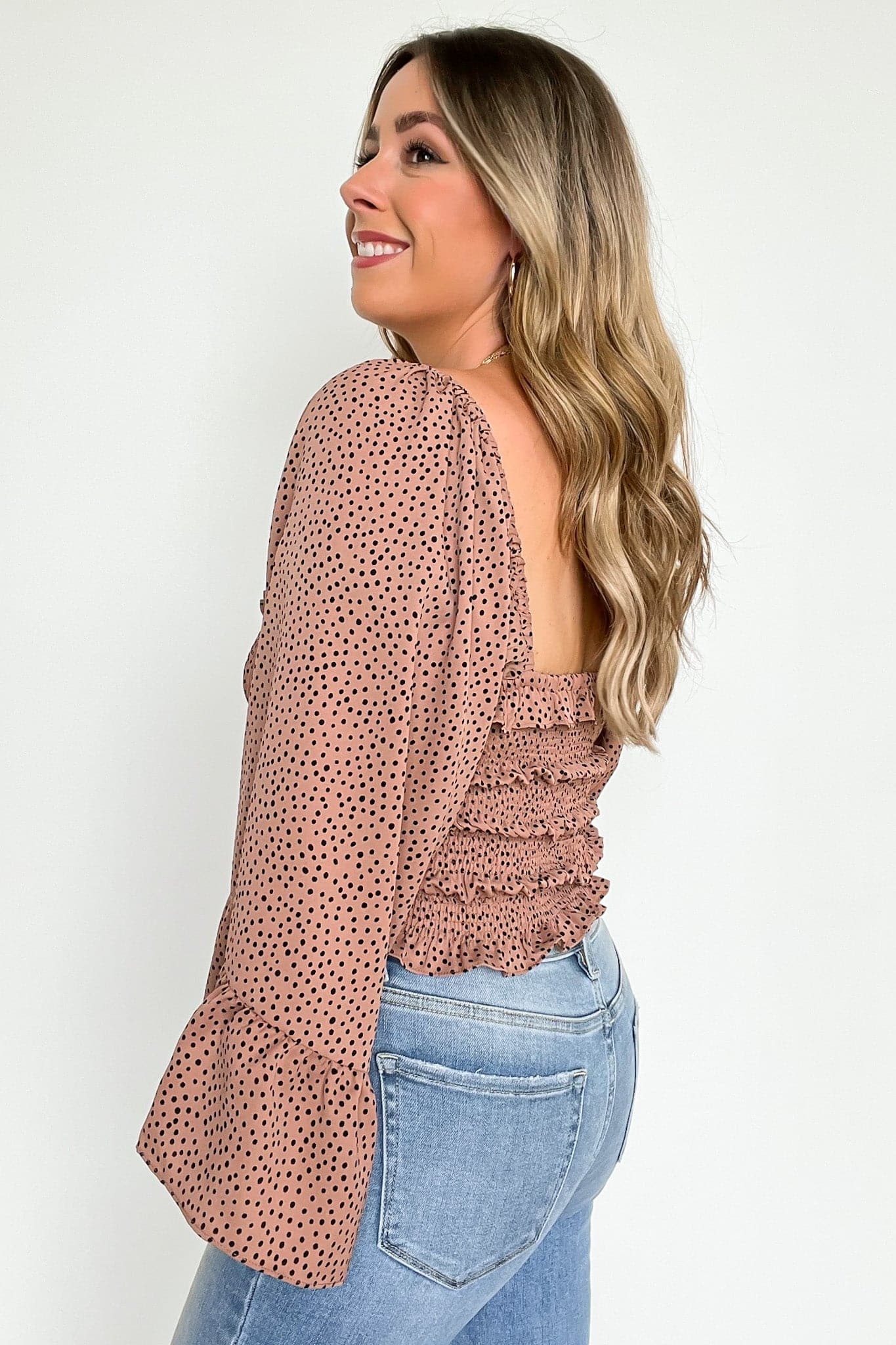  Refined Eloquence Dot Print Smocked Top - FINAL SALE - Madison and Mallory