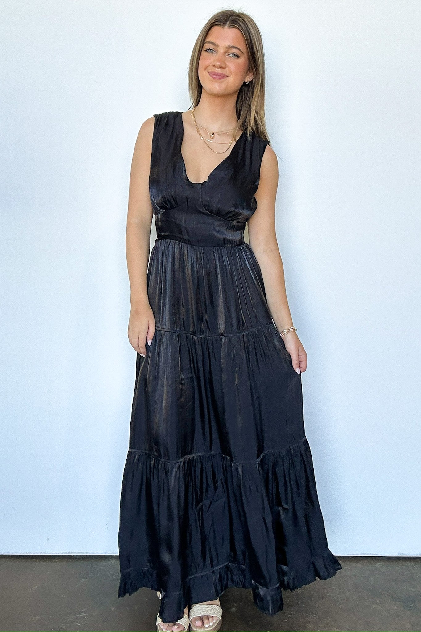  Refined Endeavor Satin V-Neck Tiered Dress - FINAL SALE - Madison and Mallory