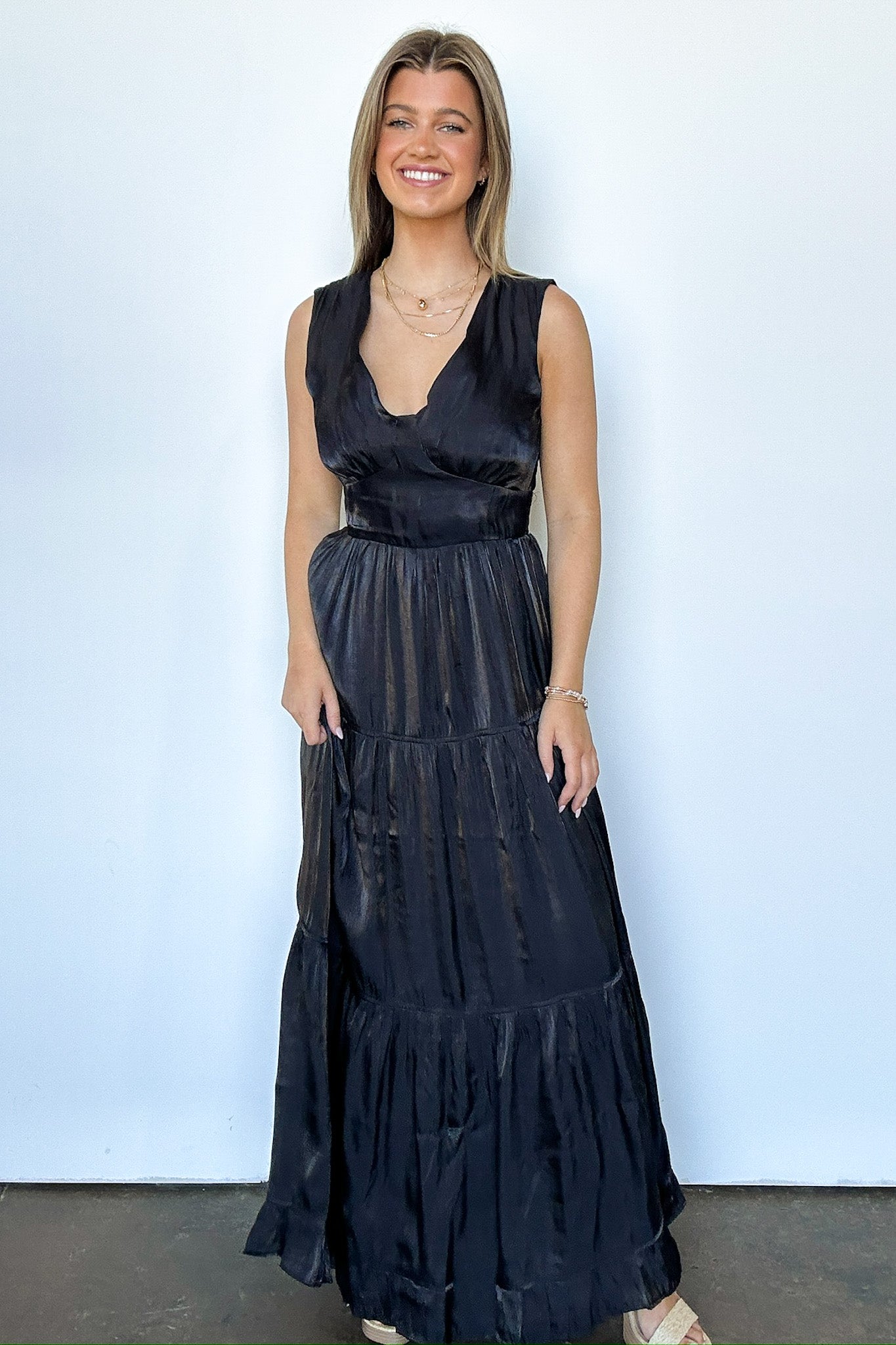  Refined Endeavor Satin V-Neck Tiered Dress - FINAL SALE - Madison and Mallory