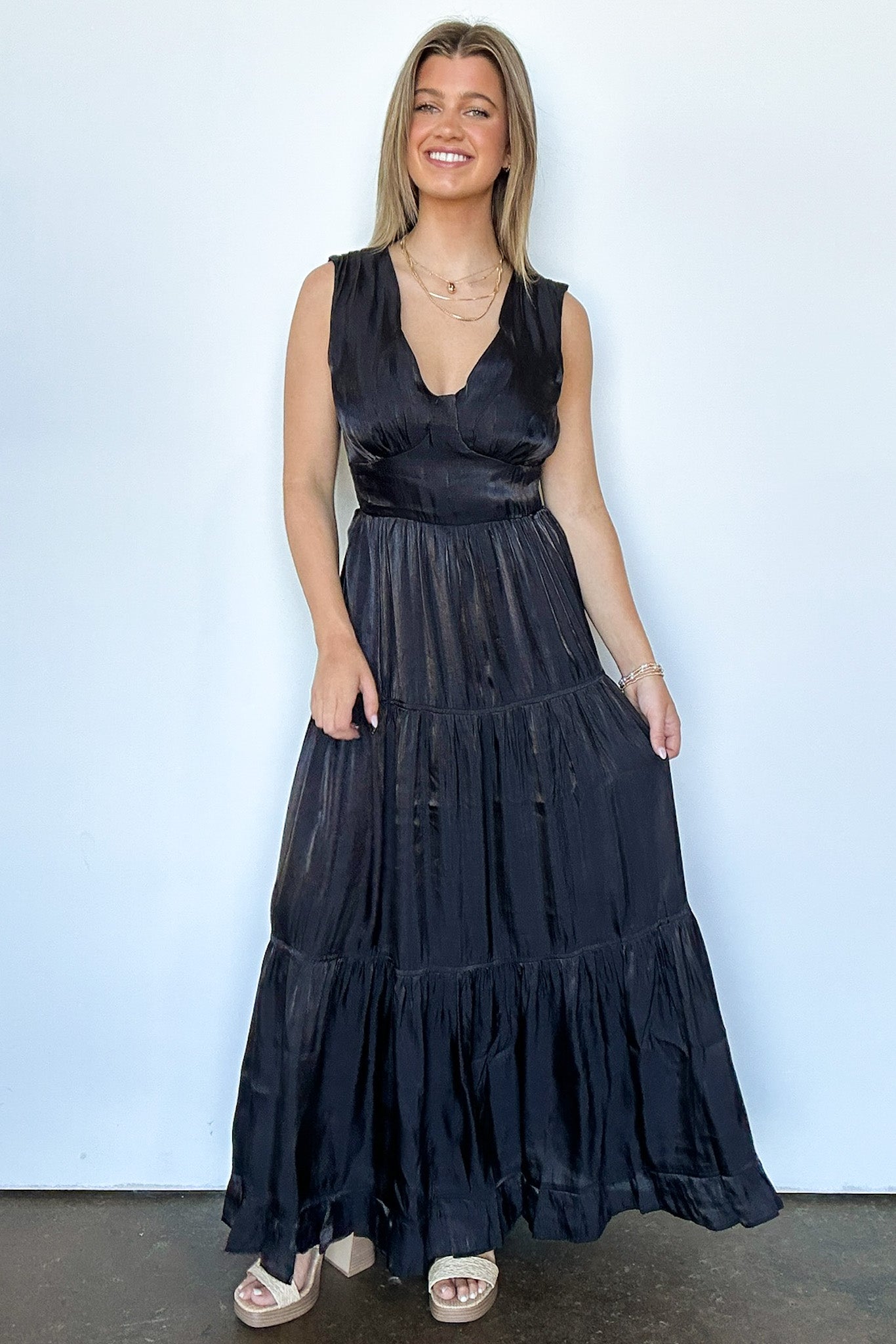  Refined Endeavor Satin V-Neck Tiered Dress - FINAL SALE - Madison and Mallory