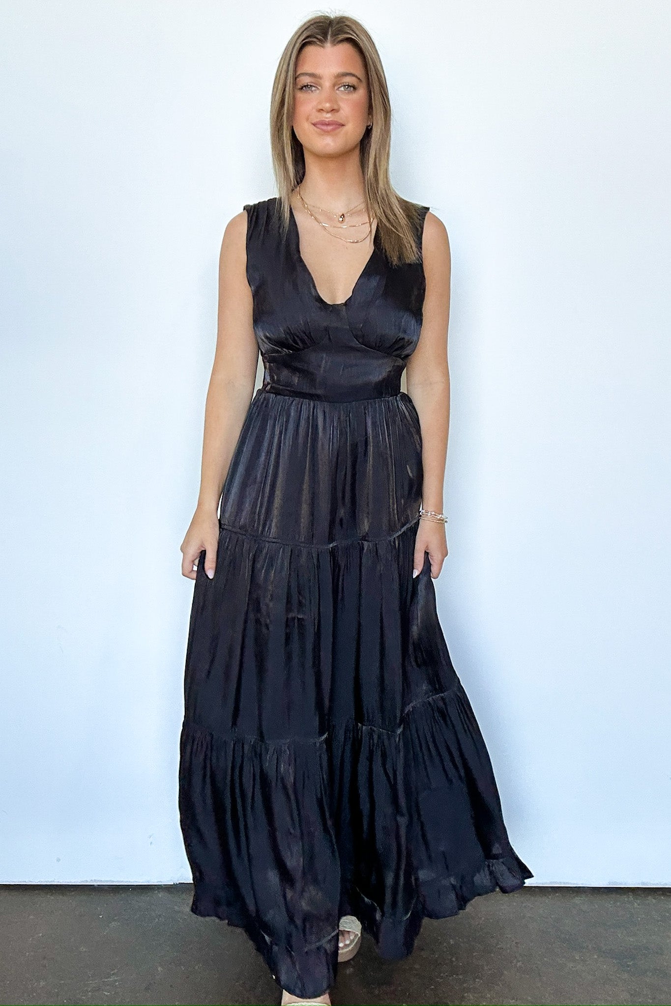  Refined Endeavor Satin V-Neck Tiered Dress - FINAL SALE - Madison and Mallory