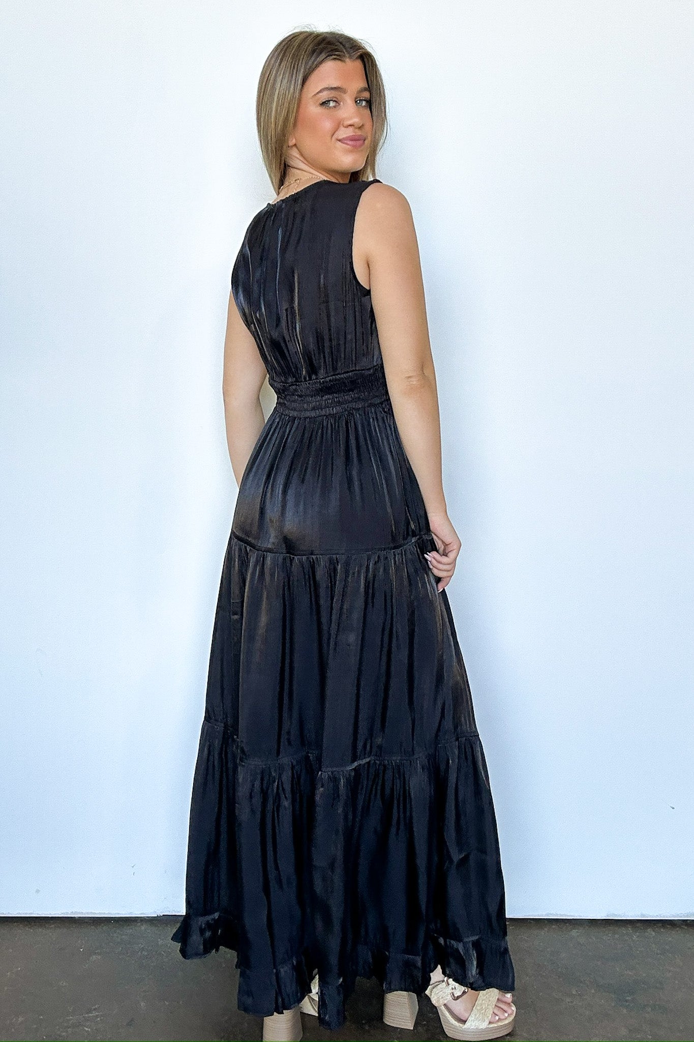  Refined Endeavor Satin V-Neck Tiered Dress - FINAL SALE - Madison and Mallory