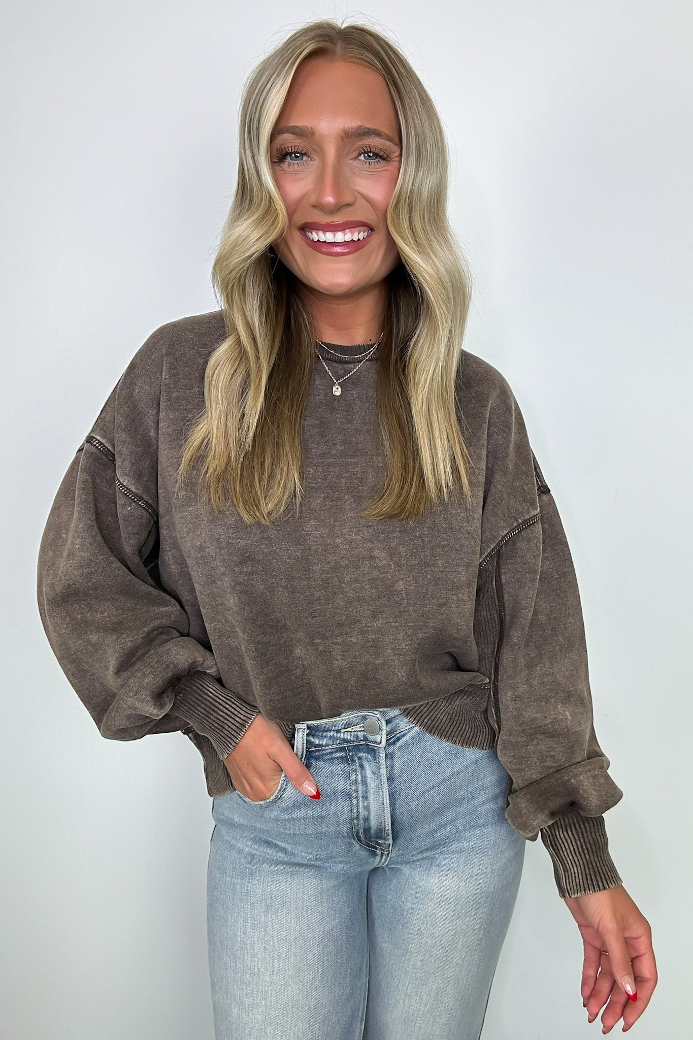 Brown / S Refined Relaxation Acid Wash Pullover - BACK IN STOCK - Madison and Mallory