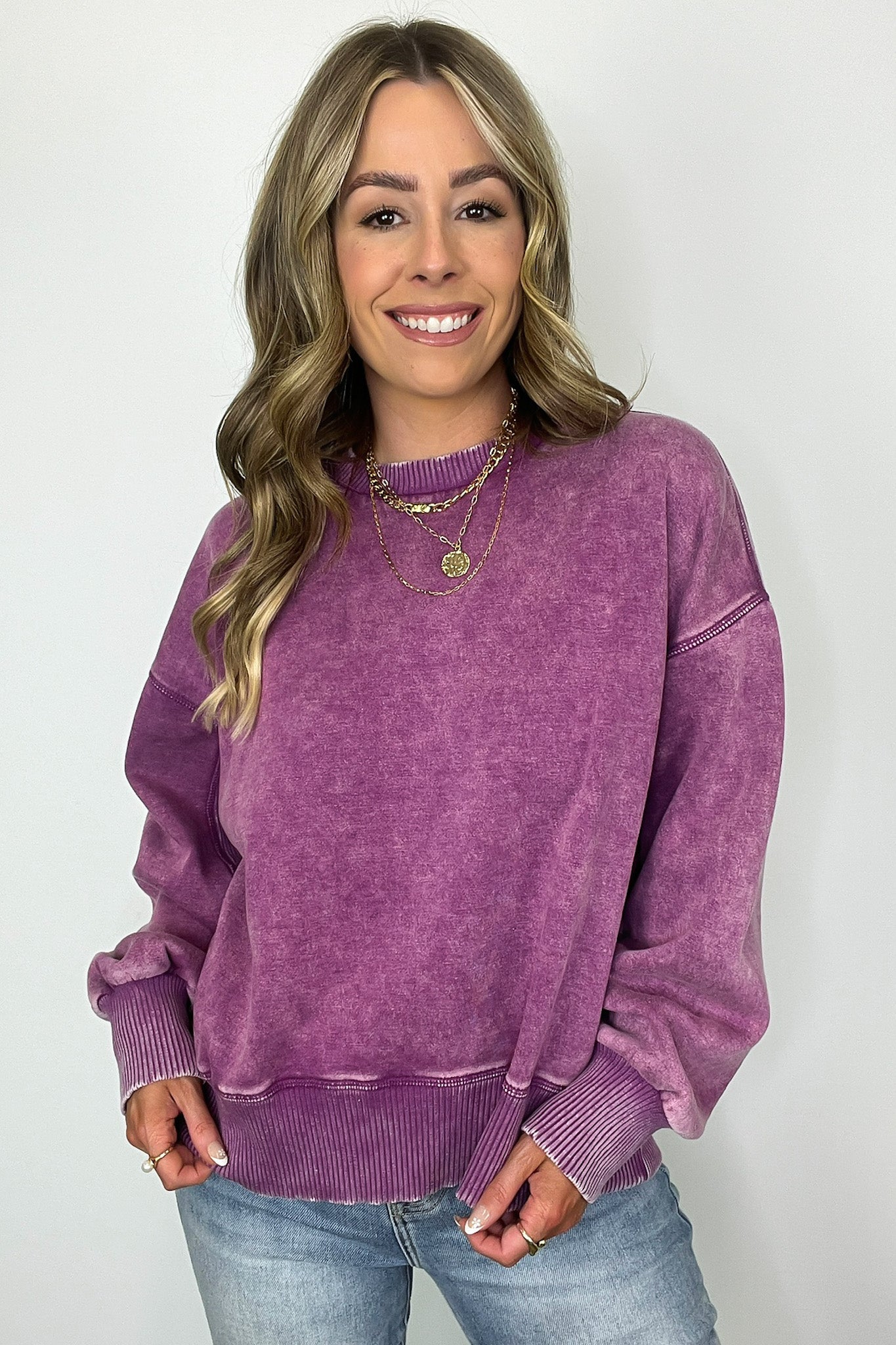 Light Plum / S Refined Relaxation Acid Wash Pullover - BACK IN STOCK - Madison and Mallory