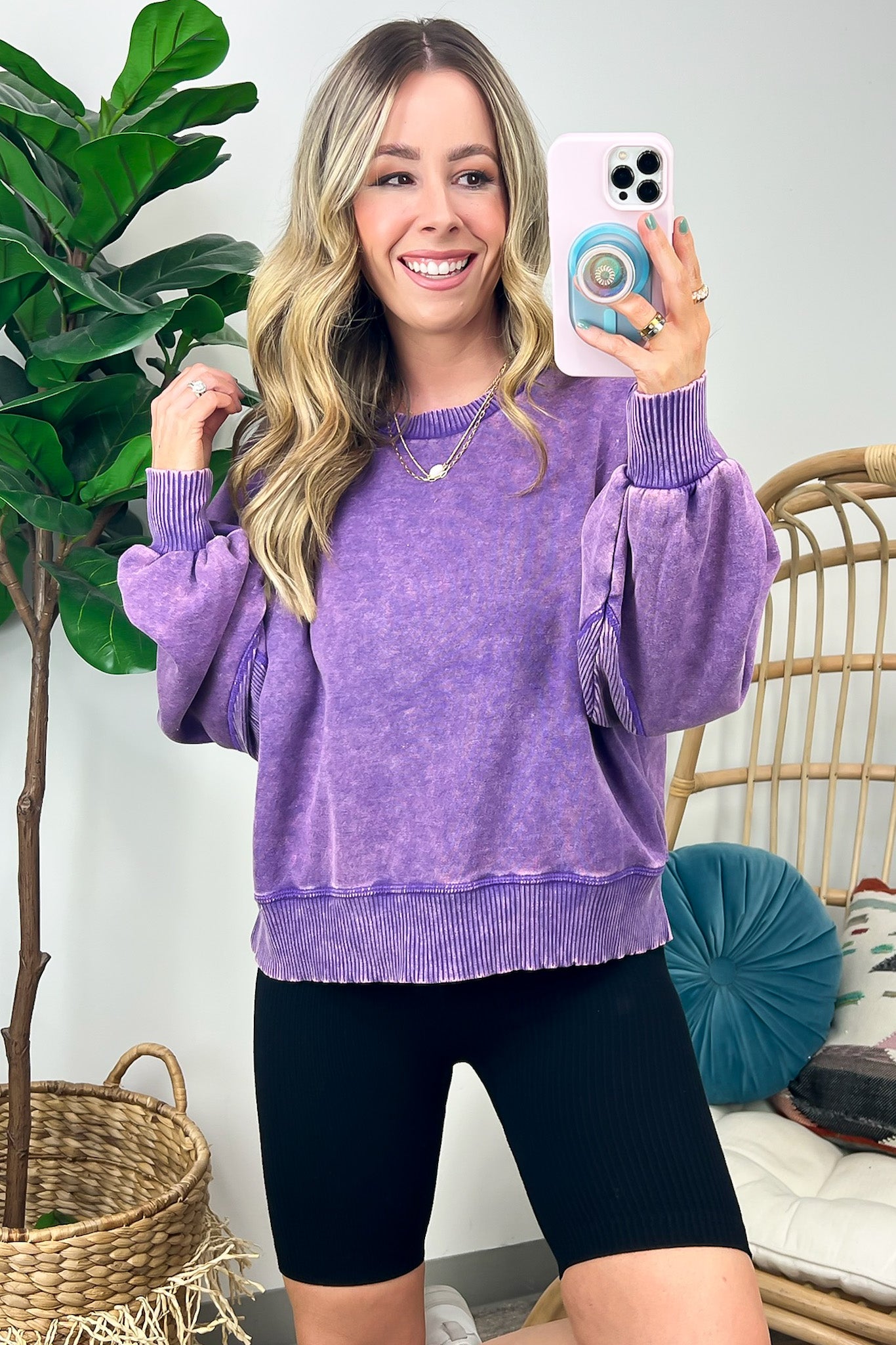 Violet / S Refined Relaxation Acid Wash Pullover - Madison and Mallory