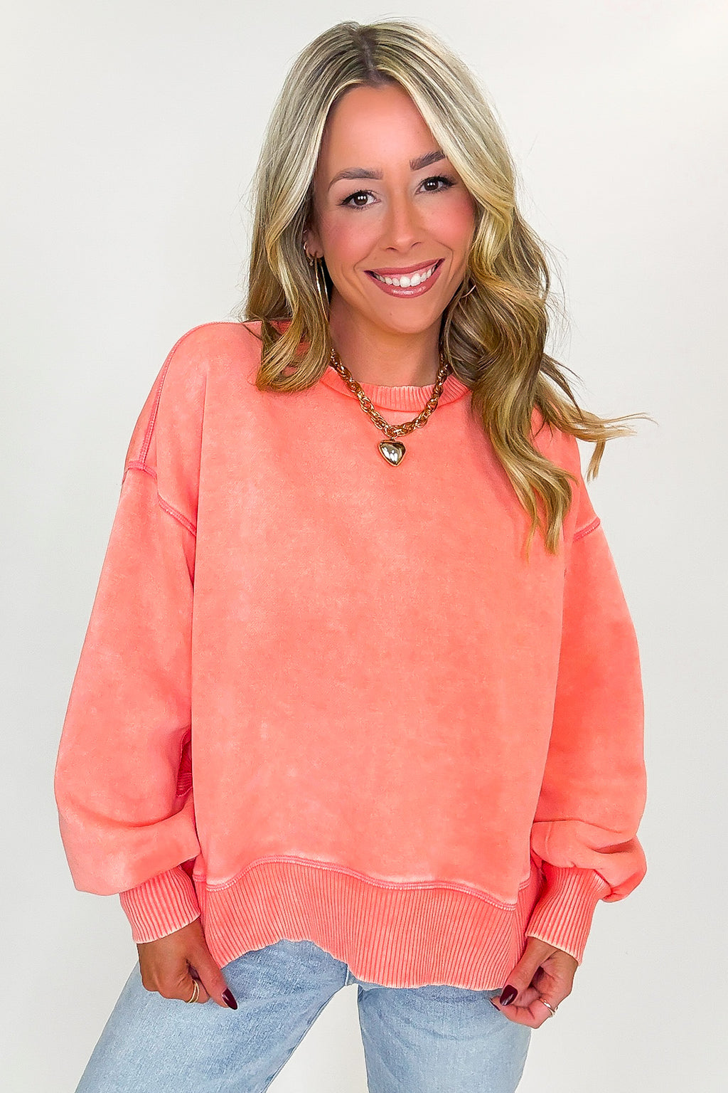 Coral / S Refined Relaxation Acid Wash Pullover - Madison and Mallory