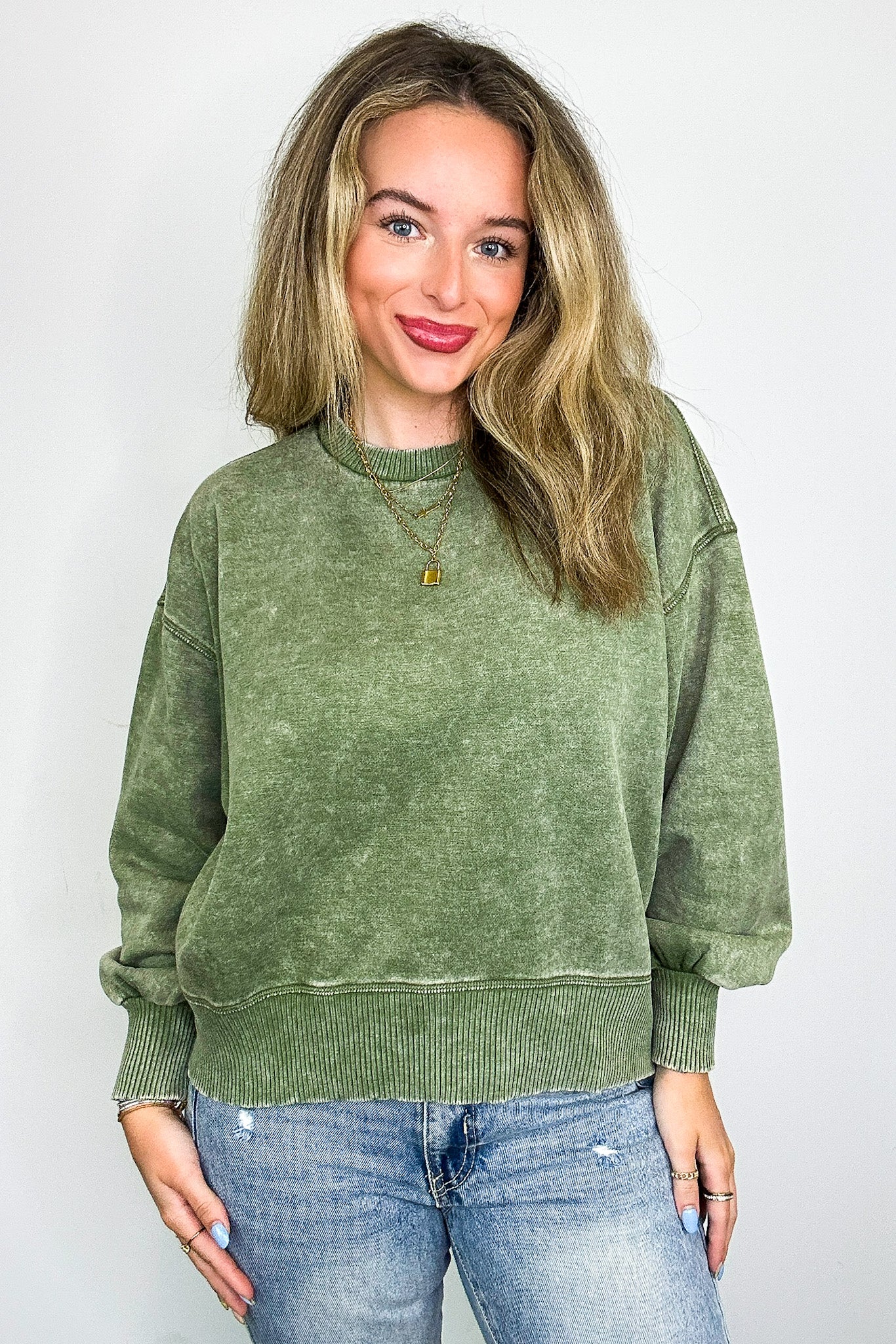 Light Olive / S Refined Relaxation Acid Wash Pullover - BACK IN STOCK - Madison and Mallory