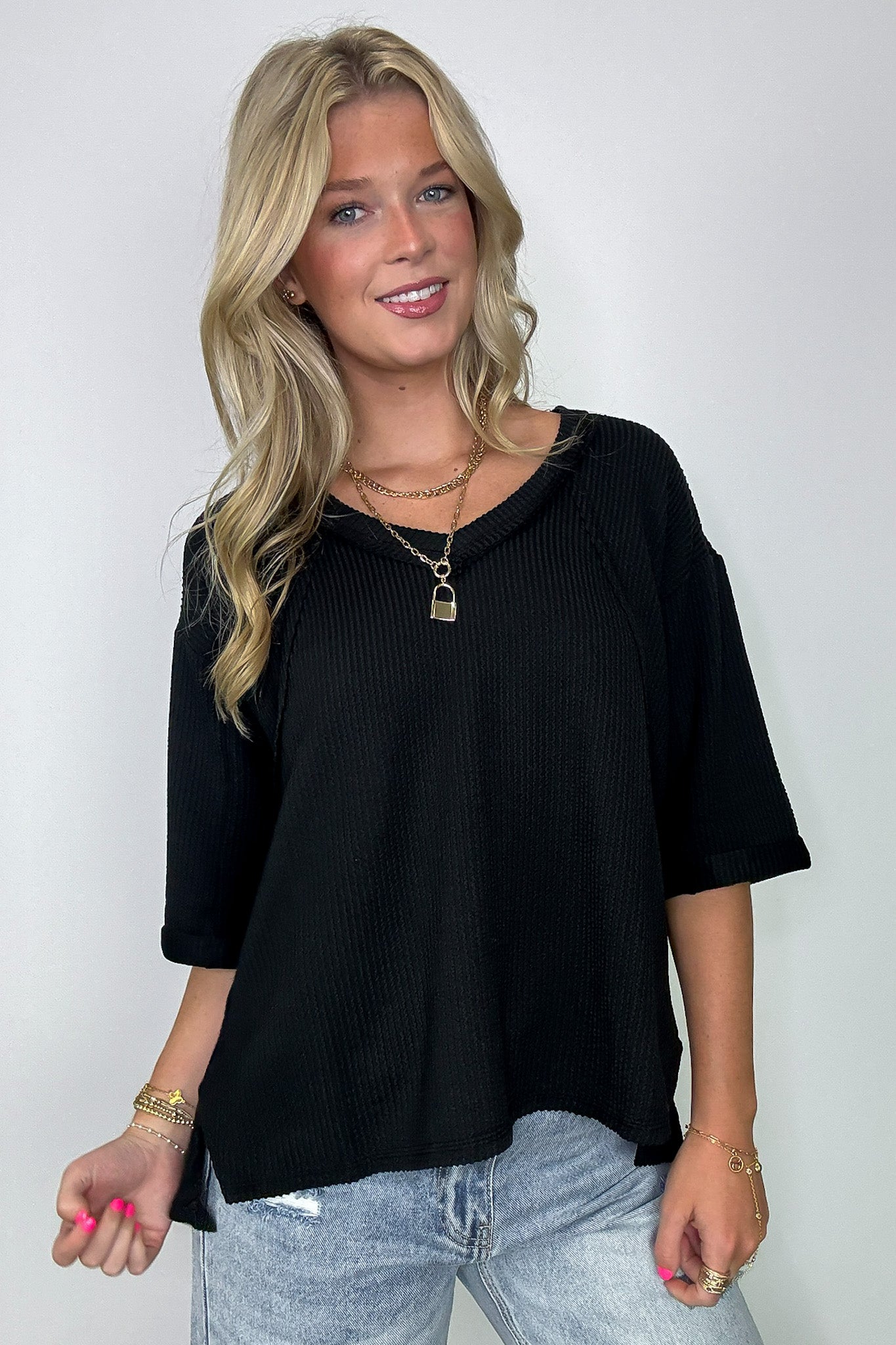 Relaxed Rhythm Corded Rib V-Neck Top - FINAL SALE - Madison and Mallory