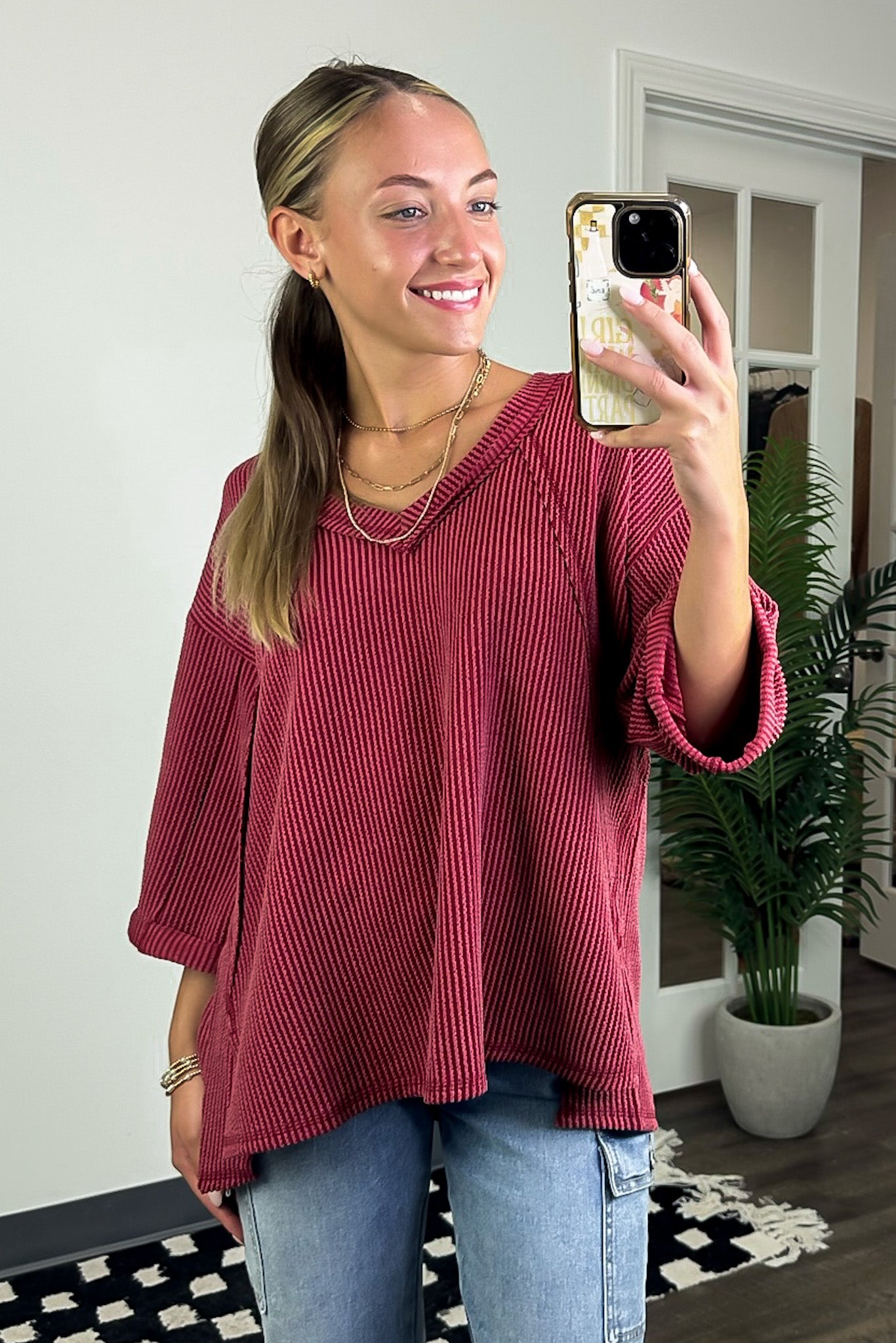 Burgundy / SM Relaxed Rhythm Corded Rib V-Neck Top - FINAL SALE - Madison and Mallory