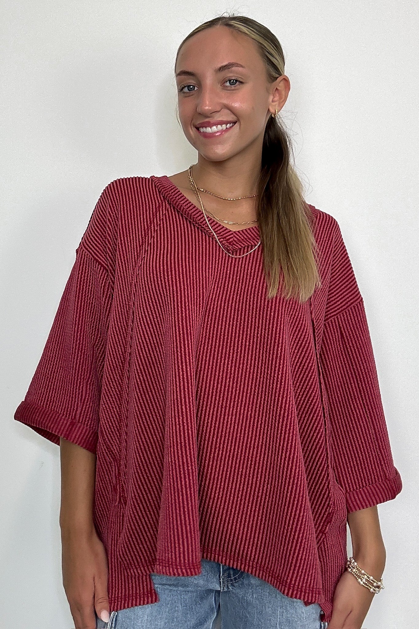 Relaxed Rhythm Corded Rib V-Neck Top - FINAL SALE - Madison and Mallory