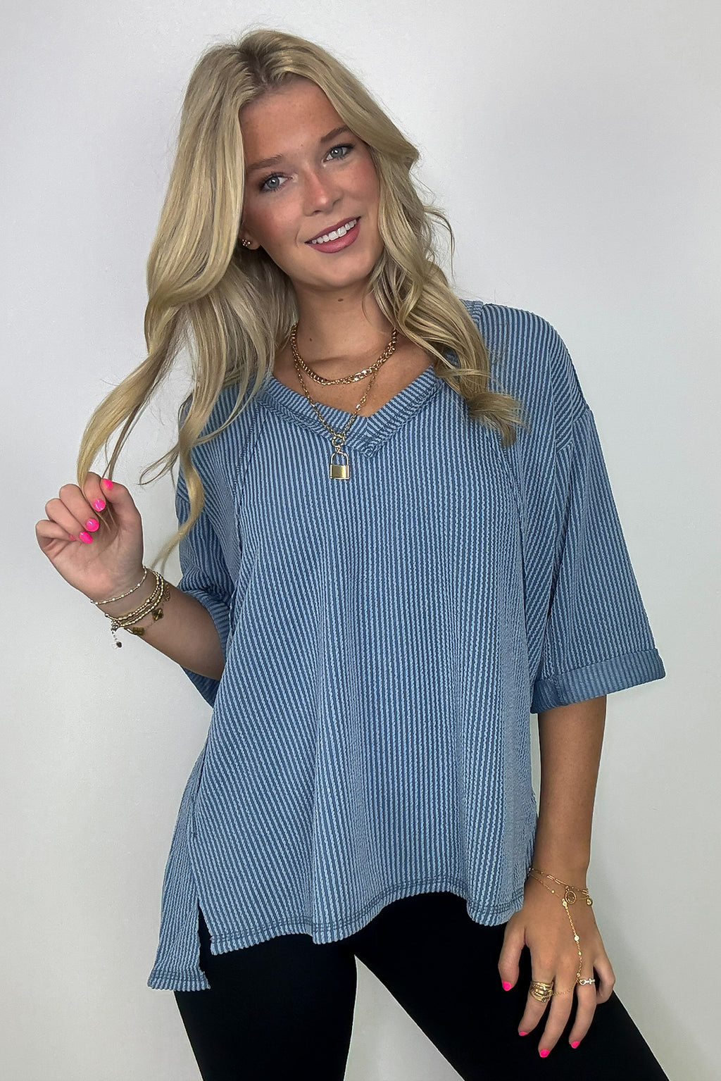 Relaxed Rhythm Corded Rib V-Neck Top - FINAL SALE - Madison and Mallory