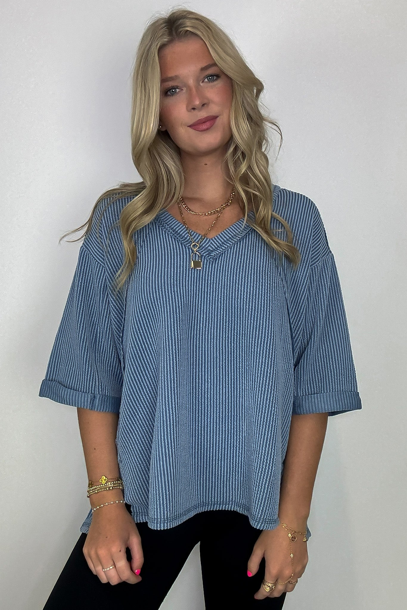 Dusty Blue / SM Relaxed Rhythm Corded Rib V-Neck Top - FINAL SALE - Madison and Mallory